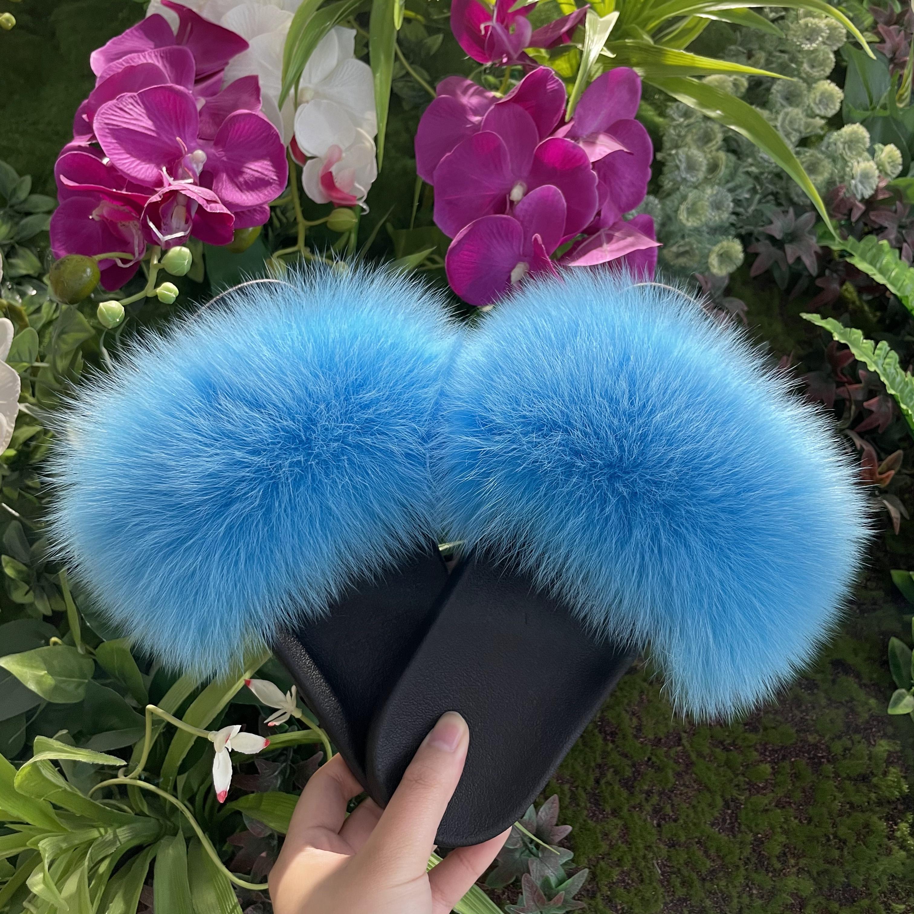 Janefur Wholesale Women's Fashion Slippers With Real Fox Fur Trim (Black, Gold, Silver Soles)
