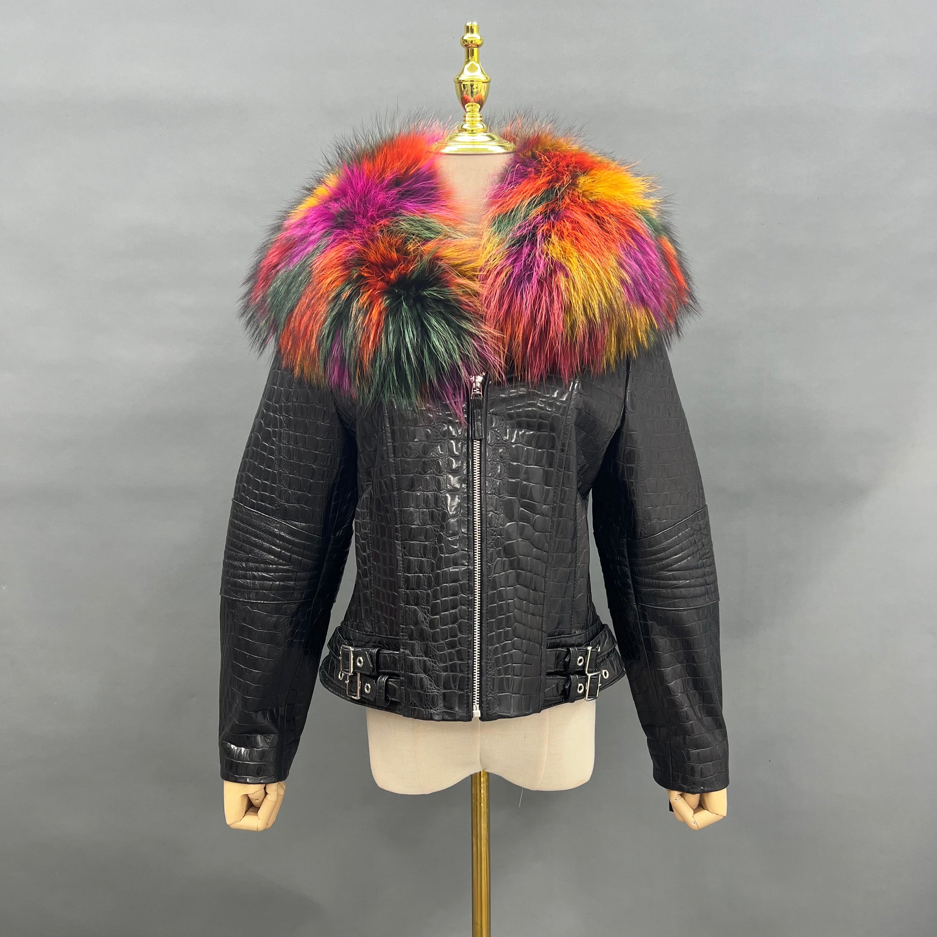 Luxury Colorful Raccoon Fur Collar Jacket with Crocodile Embossed Leather – Women’s Short Biker Style Coat for Party & Fashion Black