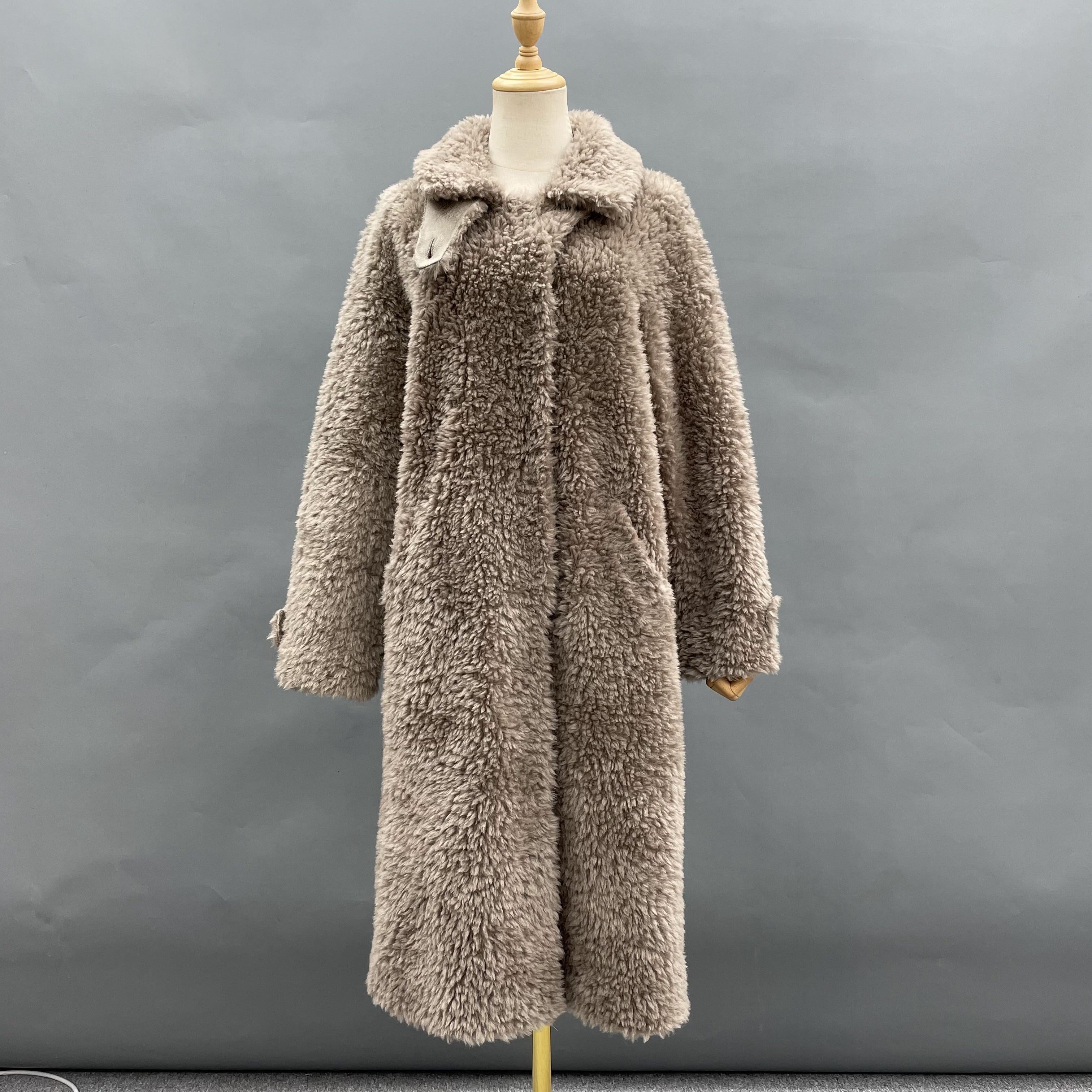Women's Taupe Sheepskin Shearling Long Coat with Notched Lapel & Belted Waist - Luxe Winter Outerwear