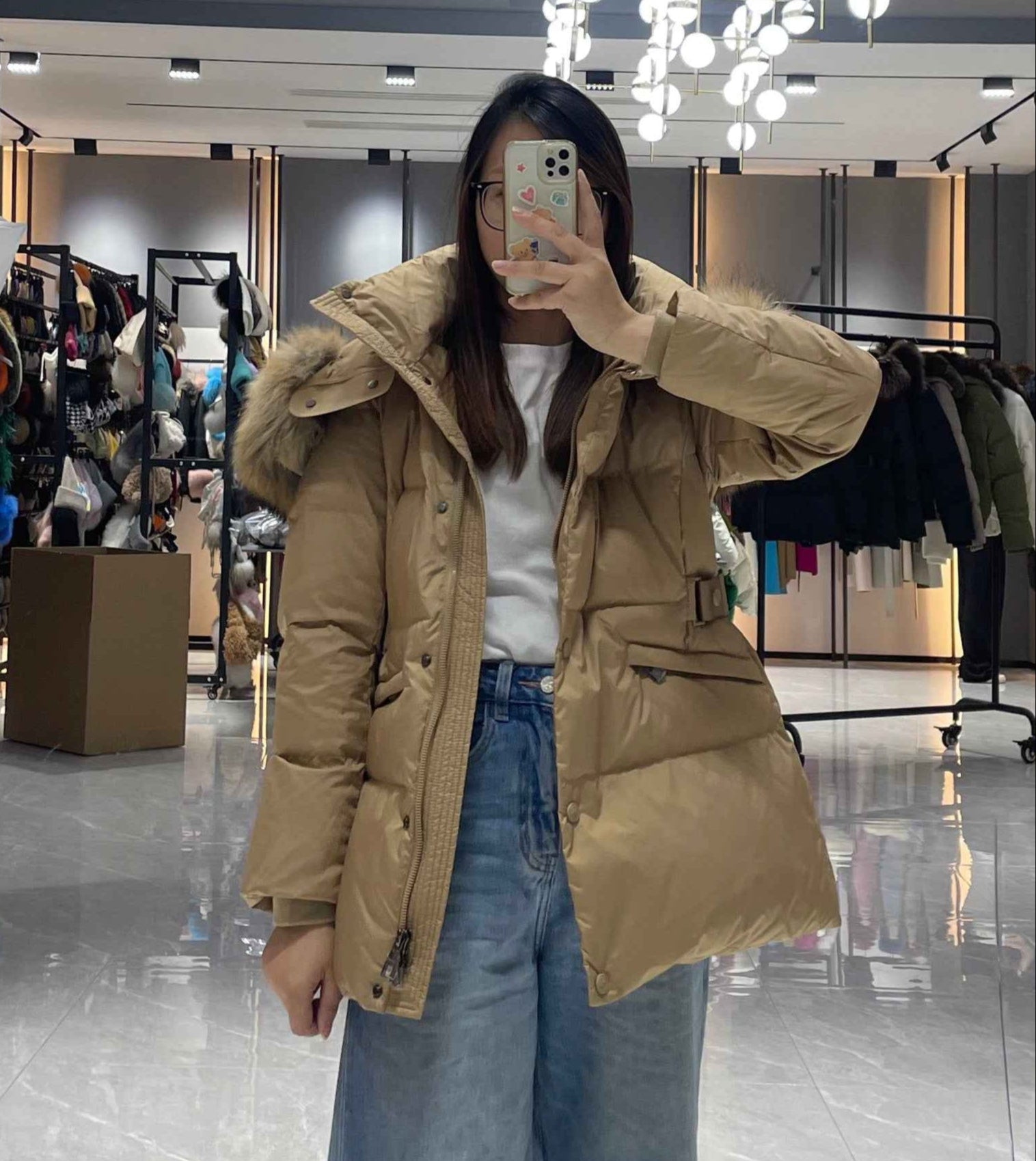 Women's Short Down Jacket with Raccoon Fur - Trimmed Hood