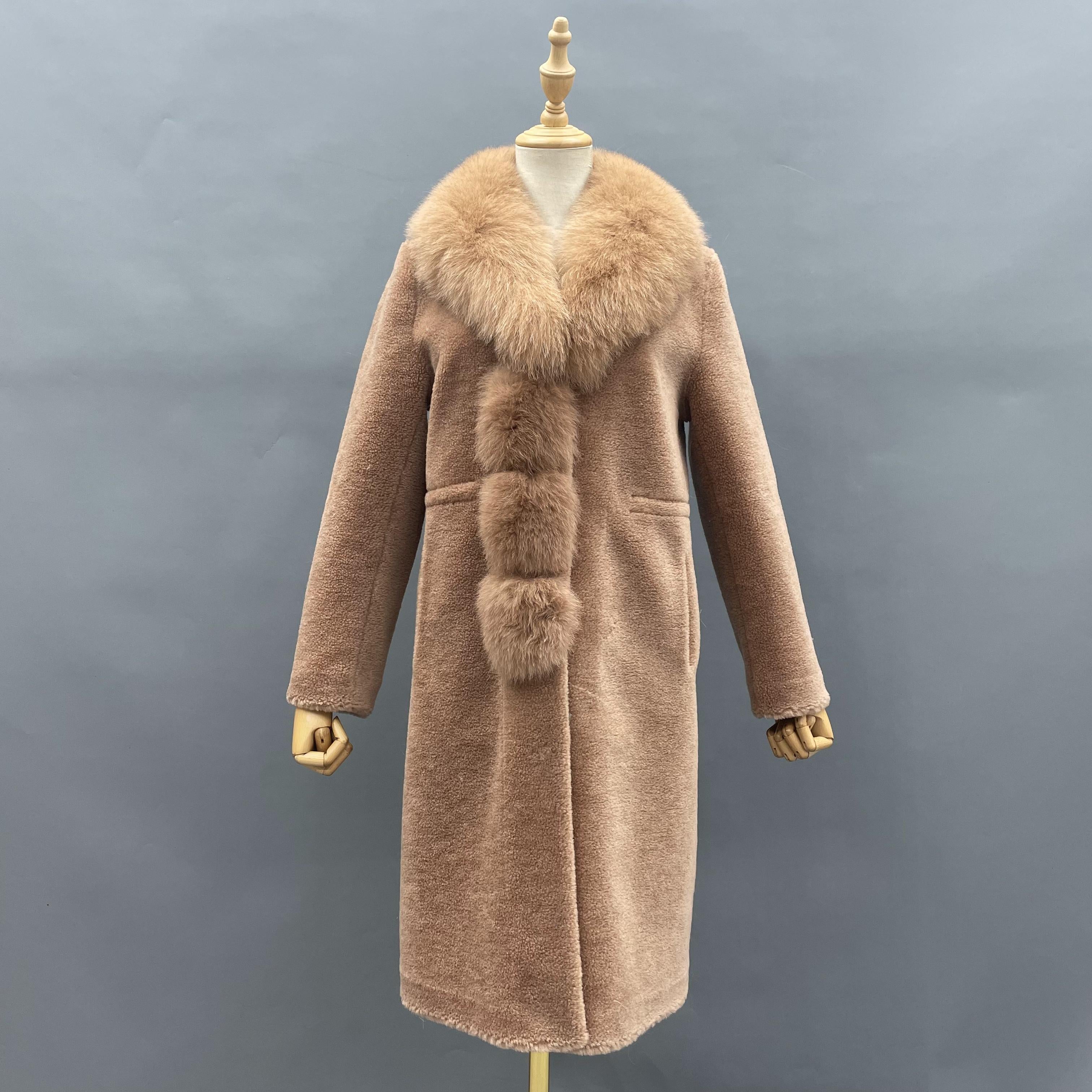 Women's Camel Shearling Long Coat with Shawl Collar, Fox Fur Trim & Waist-Tie Detail - Luxurious Winter Outerwear