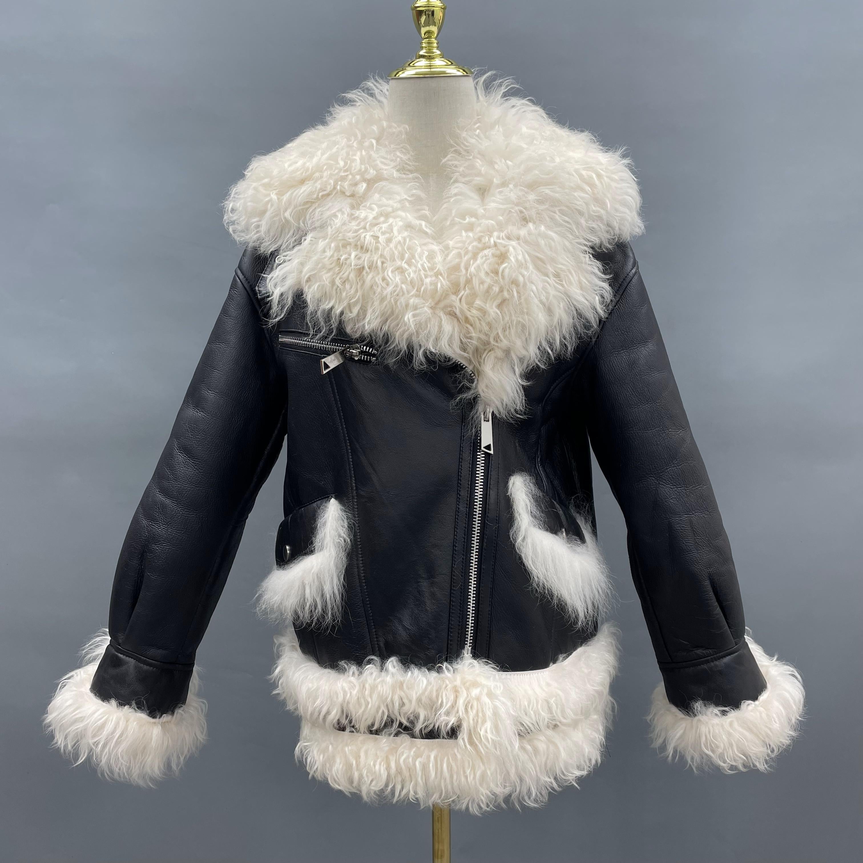 Women's Black Shearling Leather Jacket with Notched Lapel, Genuine Fur Trim, Windproof & Cold-Resistant Winter Outerwear