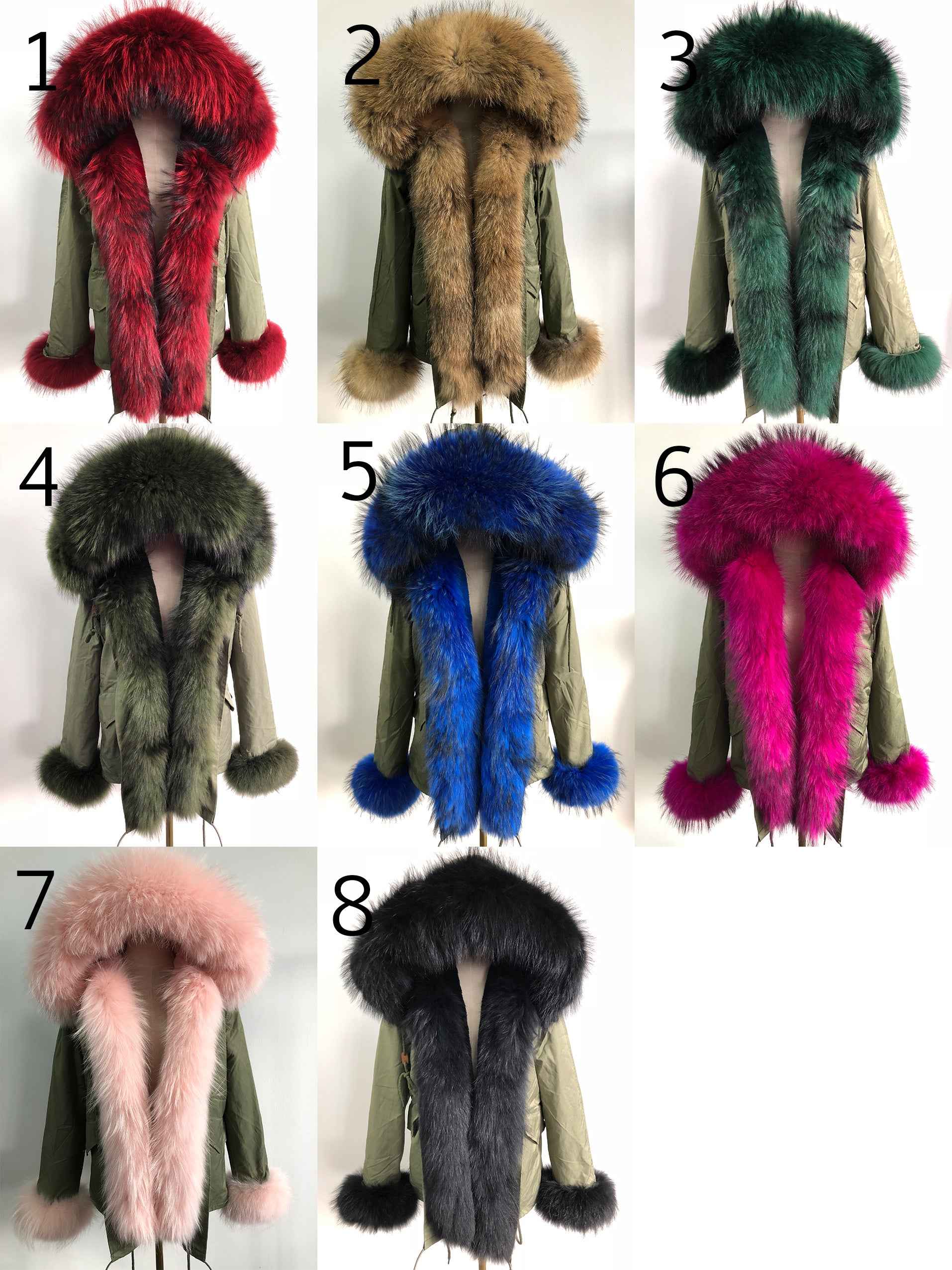 Short Parka with Pink Raccoon Fur Trim – Hooded Winter Coat for Women, Faux Fur Lining & Cuffs, Warm and Stylish Outerwear