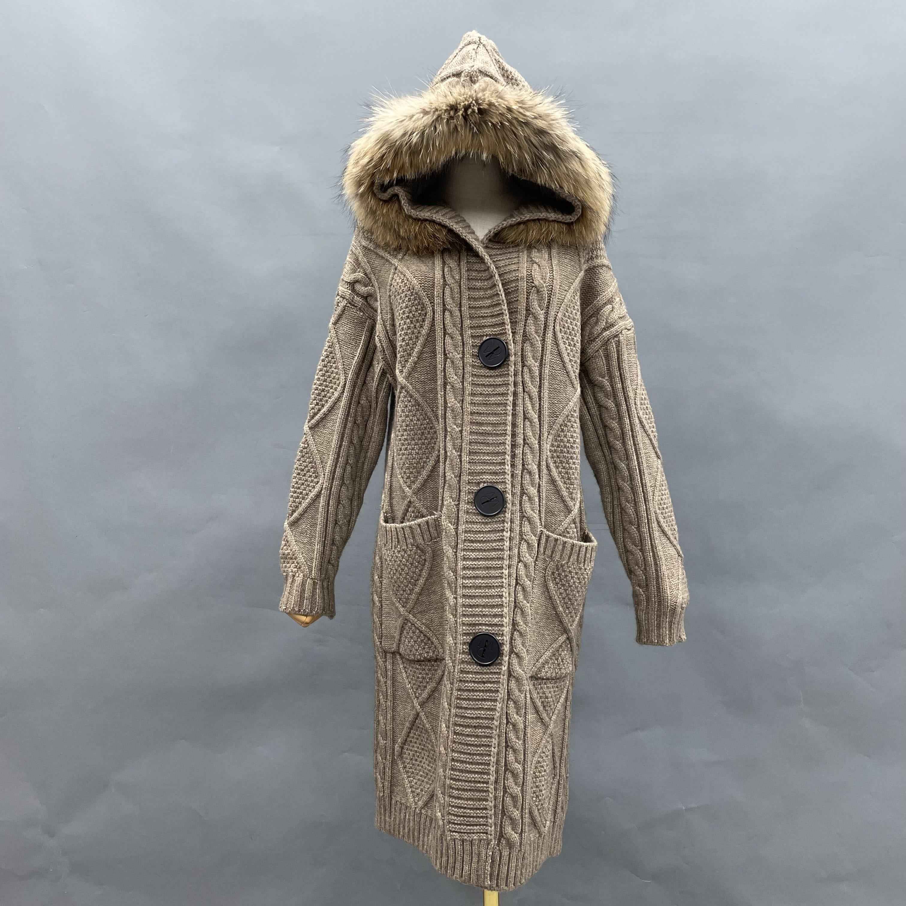Women's Hooded Knitted Coat with Raccoon Fur-Trimmed Hood, Oversized Buttons & Cable-Knit Pattern - Cozy Winter Outerwear Camle F-CHEST 104