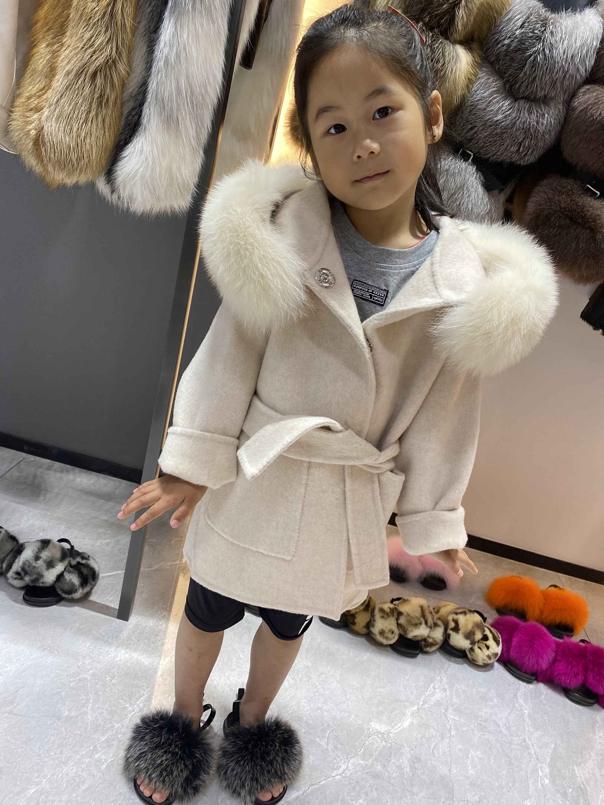 Janefur Children's cashmere belt hooded coat