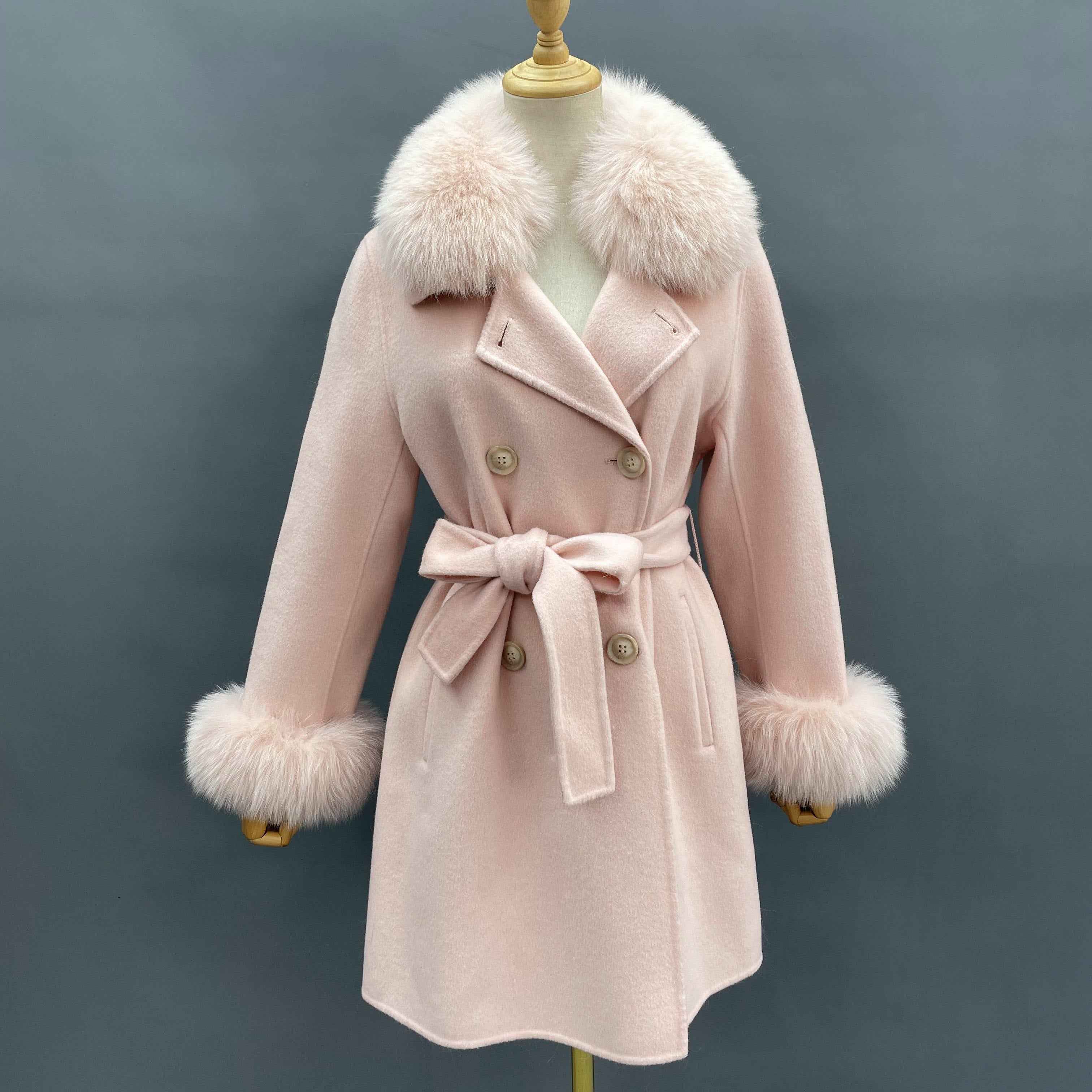 Women's Luxury Double - Faced Wool Coat with Fox Fur Collar & Cuffs, Notched Collar, Double - Breasted, Belted Mid - Length Outerwear