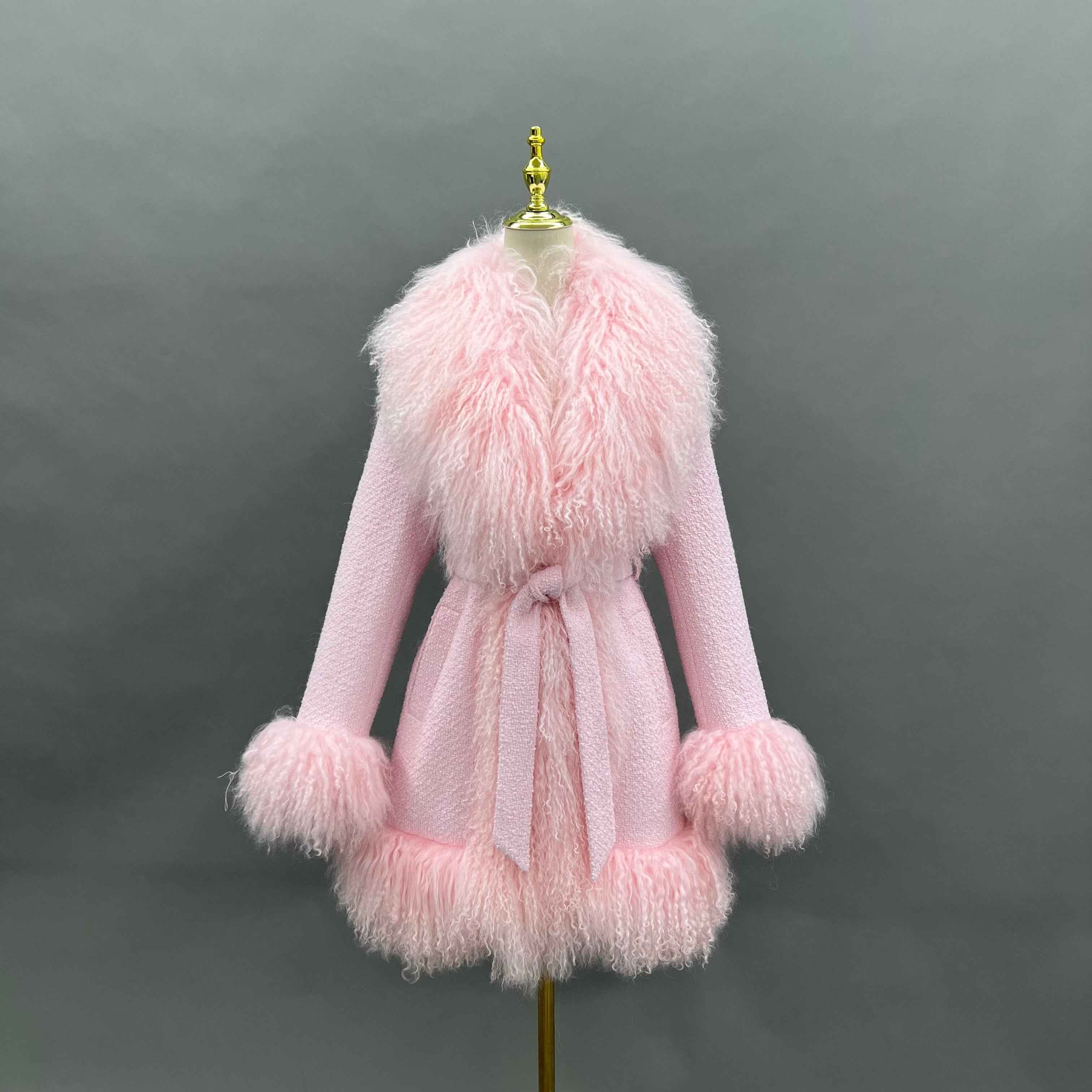 Cashmere Mid-Length Coat with Tibetan Lamb Fur Collar, Cuffs and Tie Waist