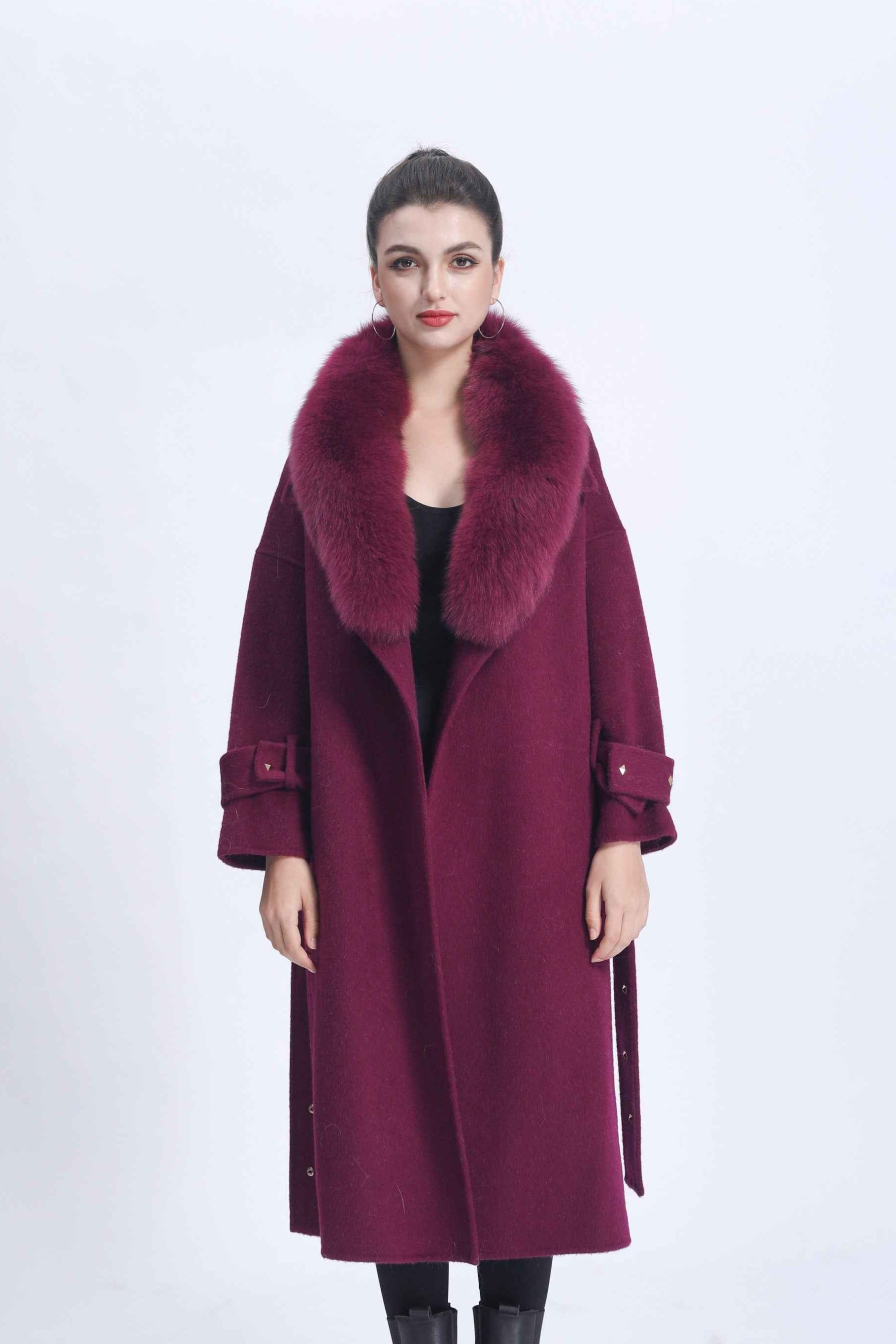 Luxury Double-Faced Wool Coat with Fox Fur Collar and Studded Button Detailing – Elegant Long Overcoat for Women
