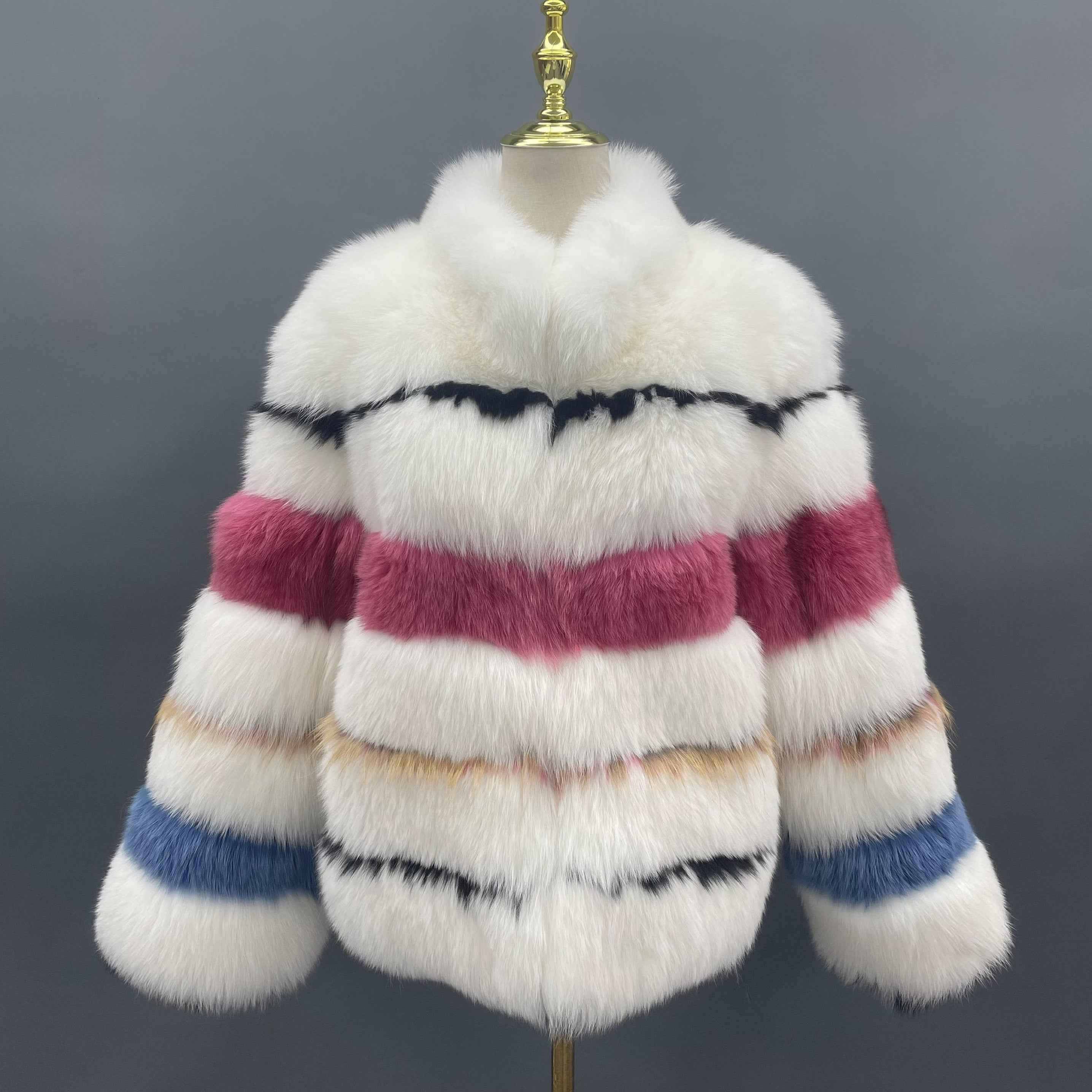 Luxury Color Block Fox Fur Coat with Stand Collar – Women's Striped Real Fur Jacket