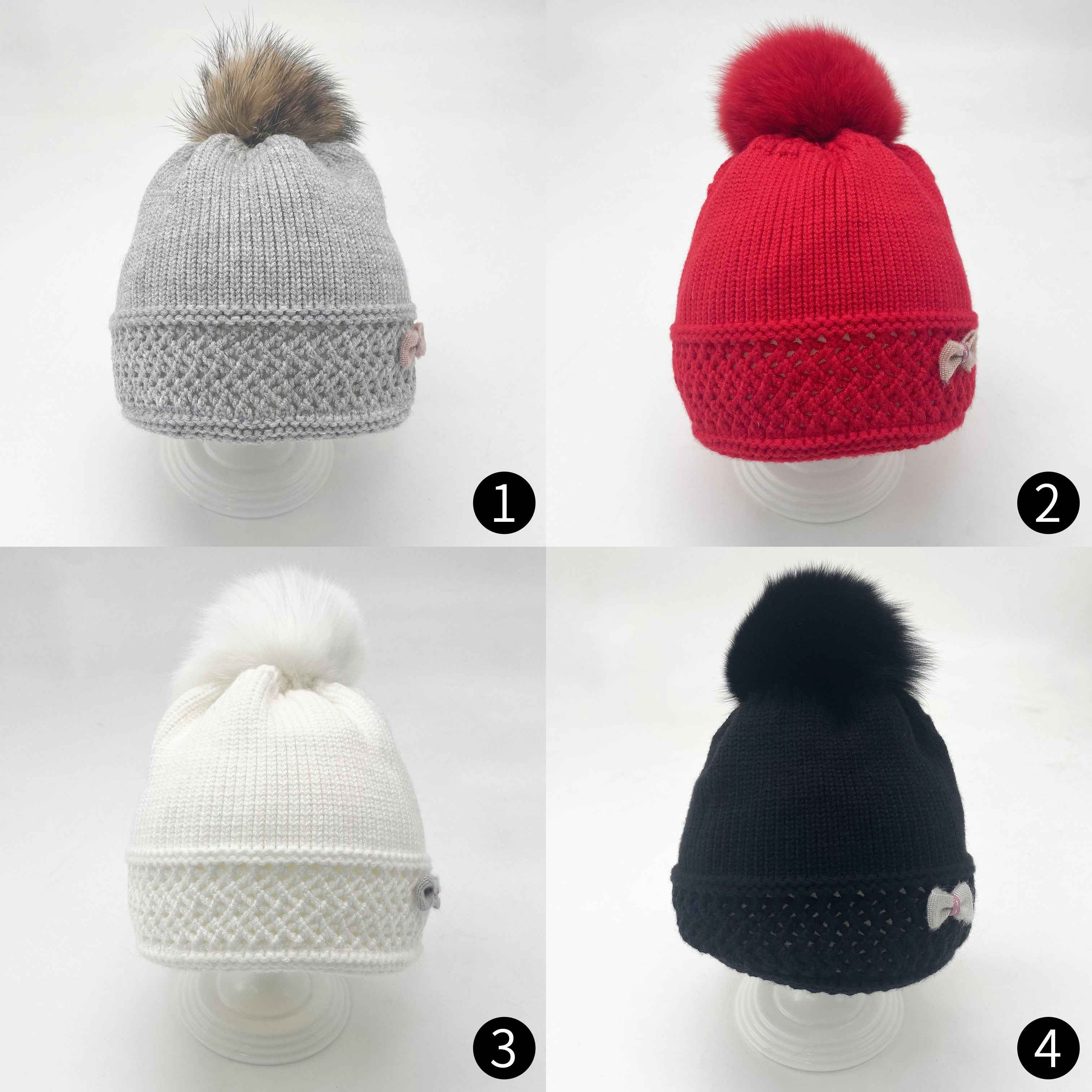 Girls' Red Knit Beanie with Fox Fur Pom-Pom & Bowknot – Warm Winter Hat for Kids, Cute & Stylish