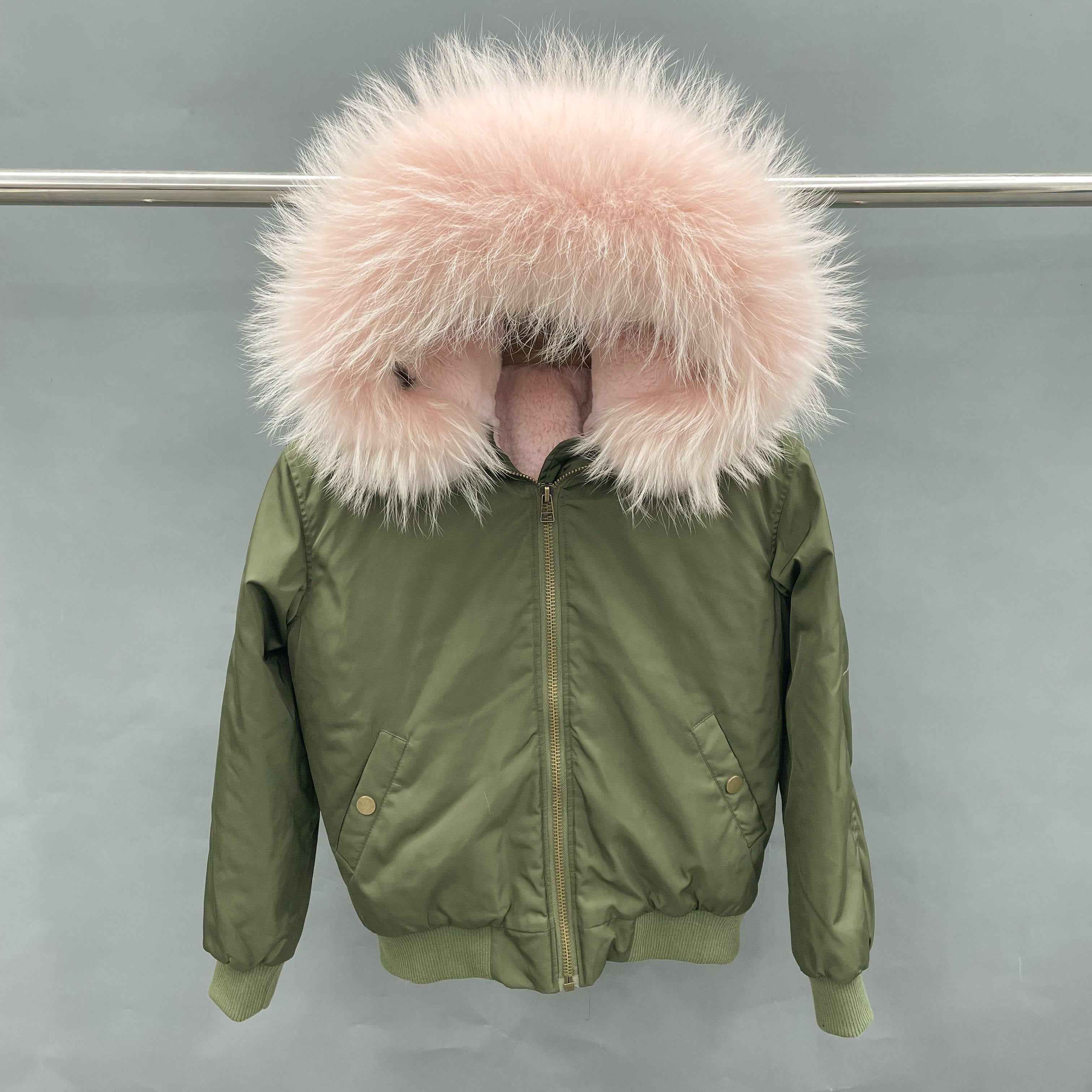 Women's Bomber Jacket with Raccoon Fur Collar – Winter Flight Jacket, Faux Fur Trim Aviator Coat for Cold Weather 1#Green