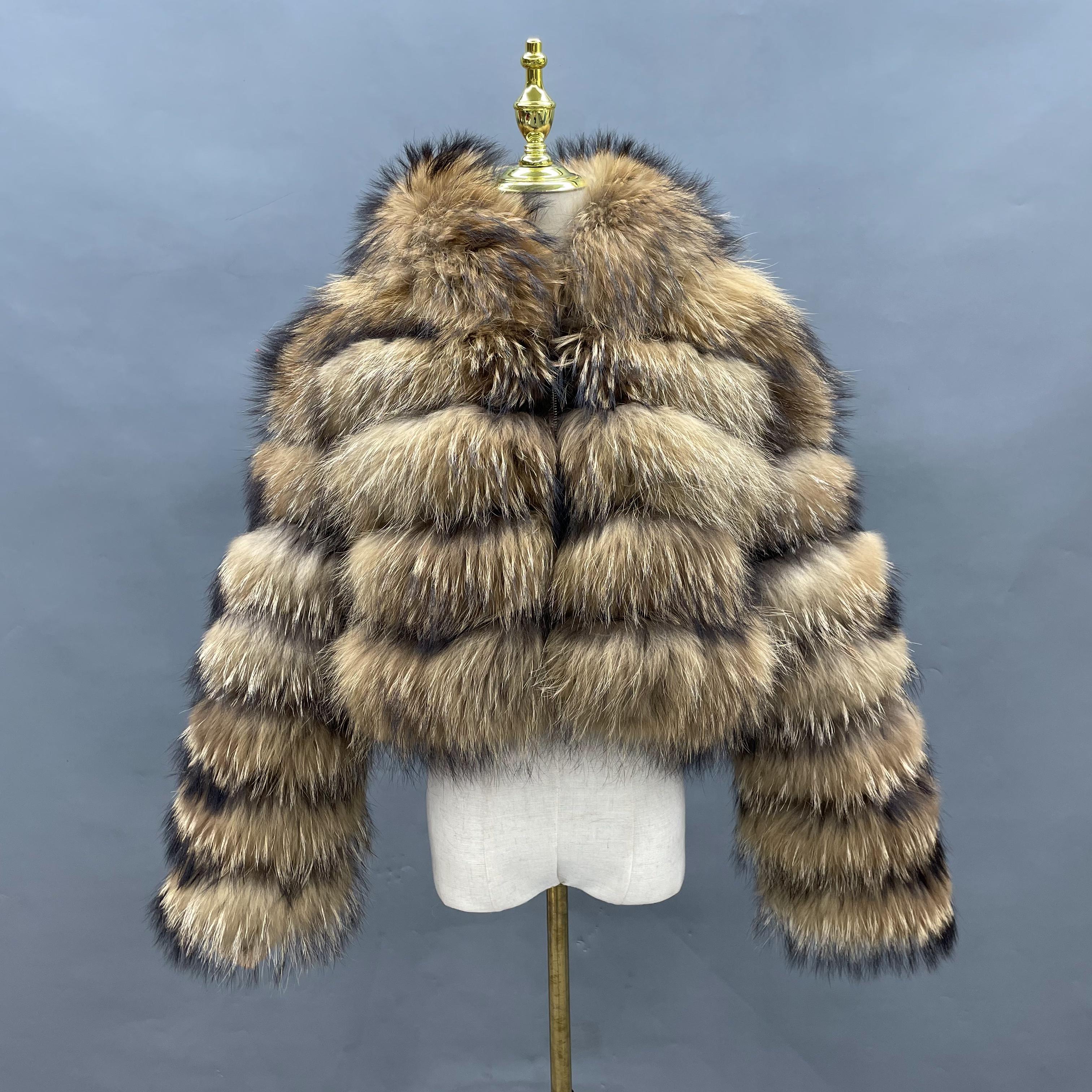 Women's Short Raccoon Fur Jacket with Hood and Zipper – 5-Section Real Fur Coat for Winter