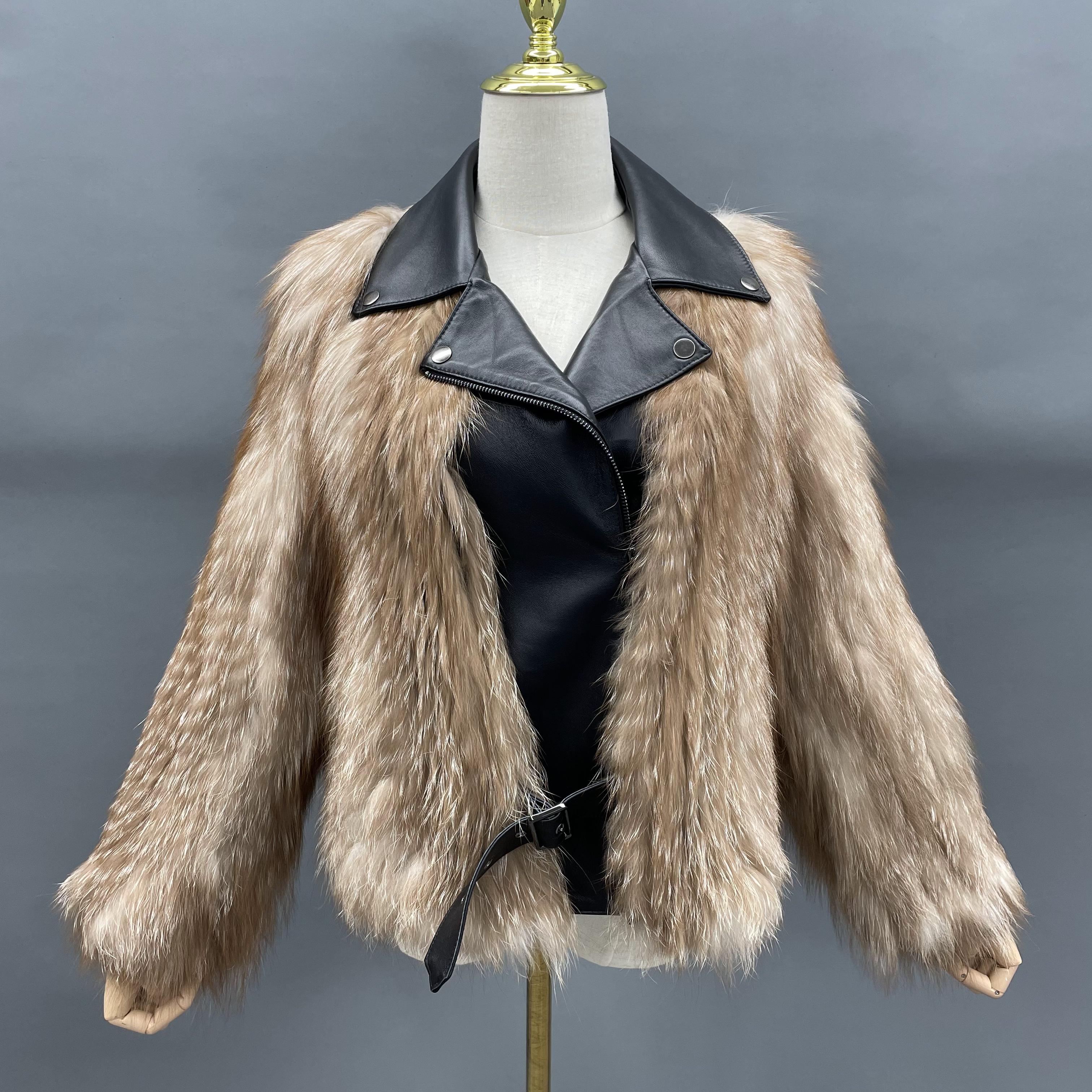 Women's Fox Fur Knitted Jacket with Leather Notched Lapel & Zipper Detail - Edgy Winter Outerwear