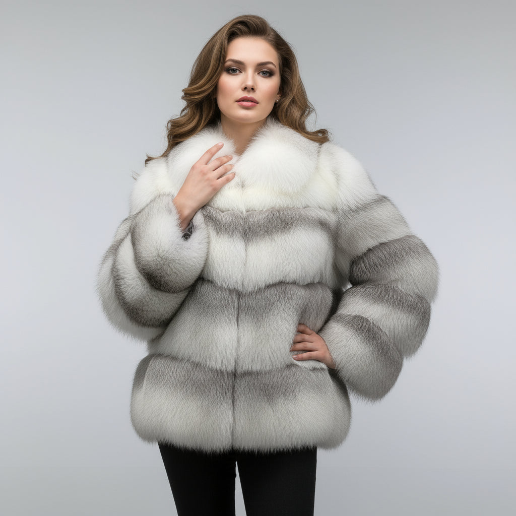 High-quality Gradient Fox Fur Coat with Lapel Collar & Layered Patchwork