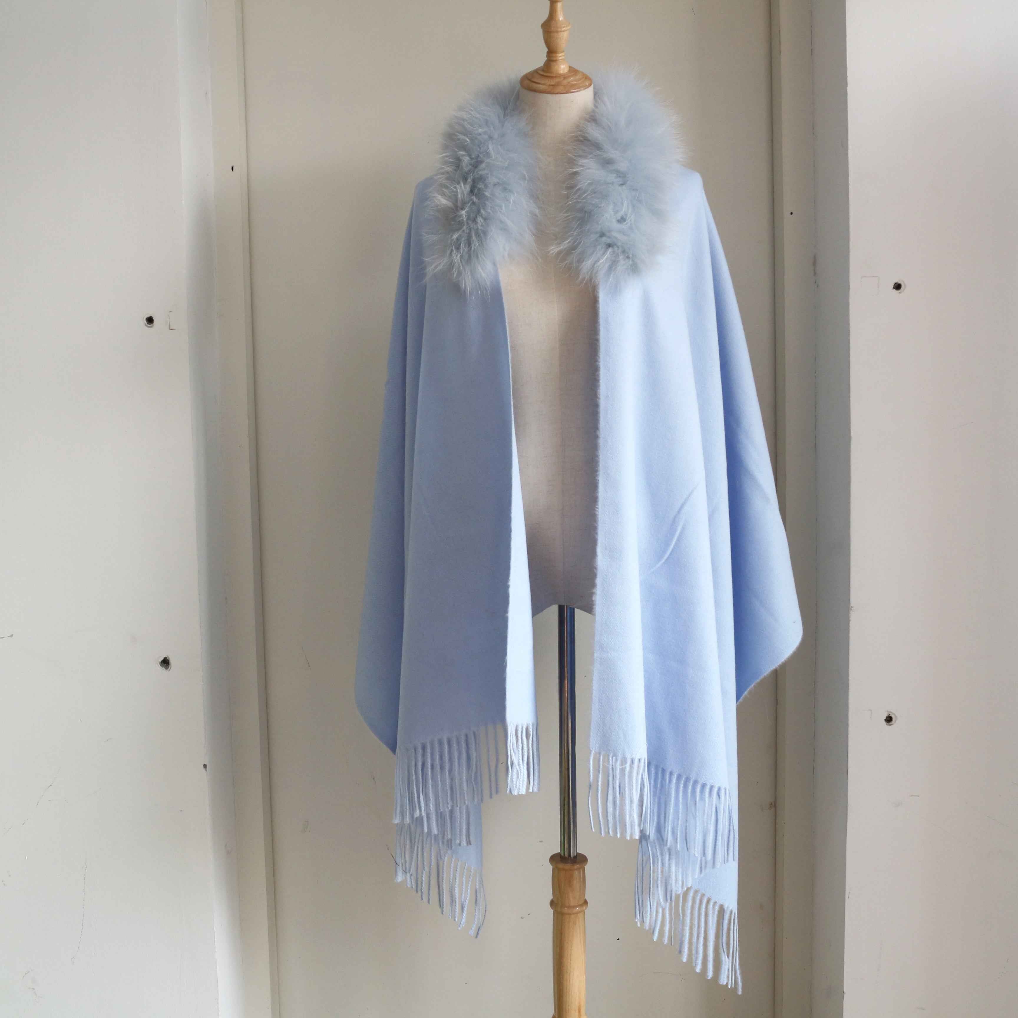 Women's Luxurious Mink Fur Shawl with Raccoon Dog Fur Collar & Fringe Detail - Winter Fashion Accessory 1#Light Blue F