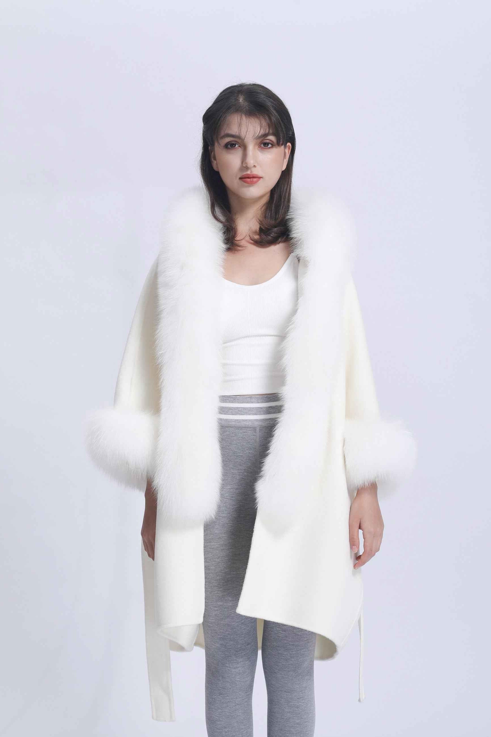 Asymmetrical Double-Faced Wool Coat with Fox Fur Trim Hood and Cuffed Sleeves – High Low Hem Luxury Overcoat