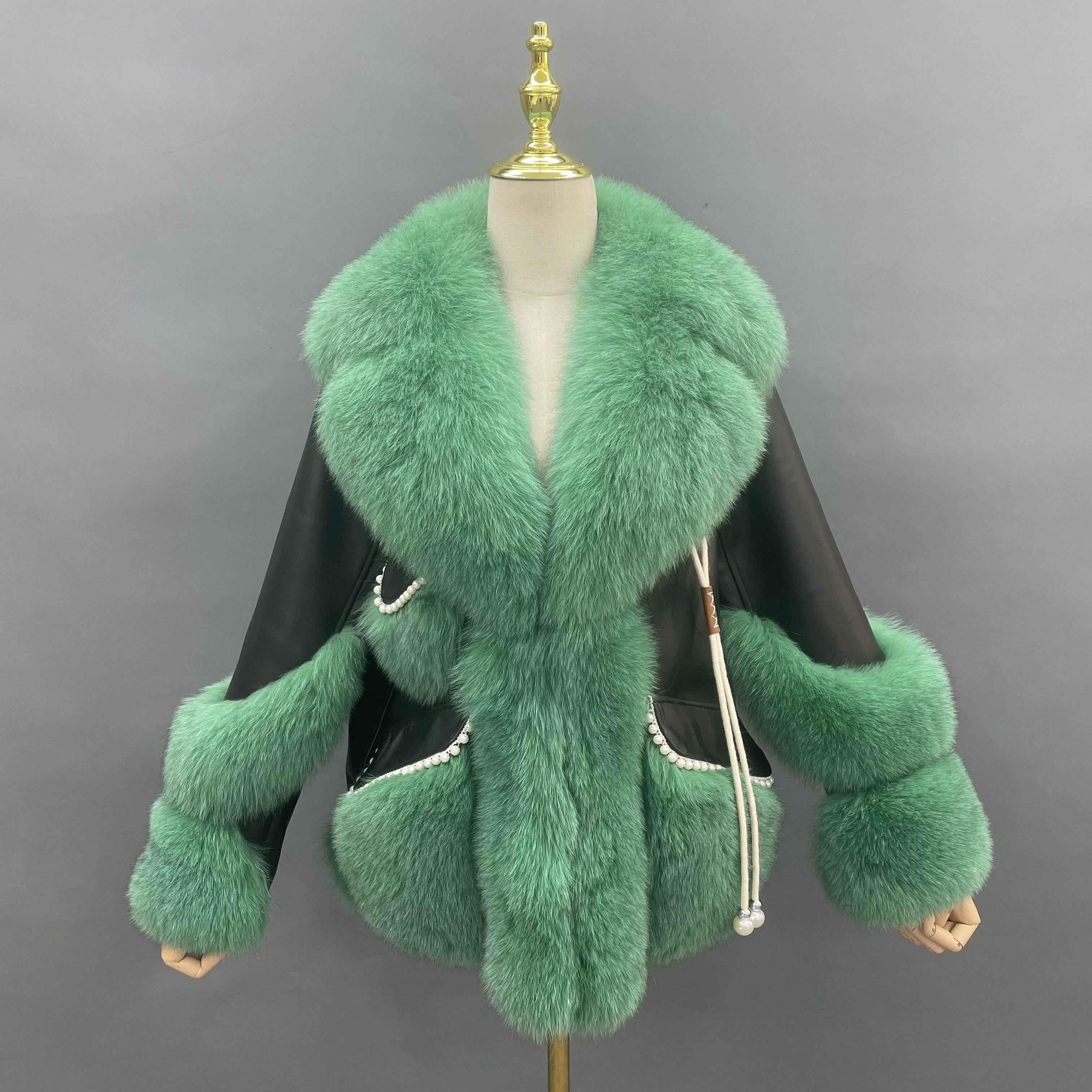 Women’s Black Leather Jacket with Emerald Green Fox Fur Trim – Notch Lapel Coat with Pearl Detail for Luxury Winter Fashion