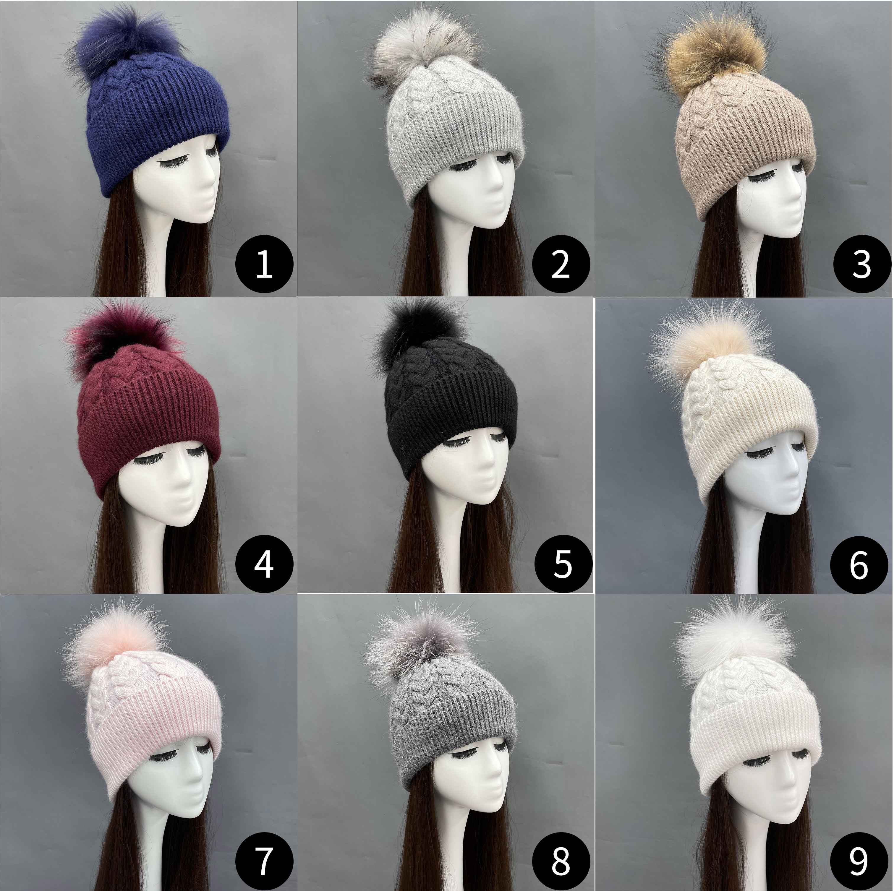 Women's Burgundy Cable Knit Beanie with Matching Raccoon Dog Fur Pom-Pom – Soft Rabbit Blend, Stylish Winter Hat for Holiday & Party Wear