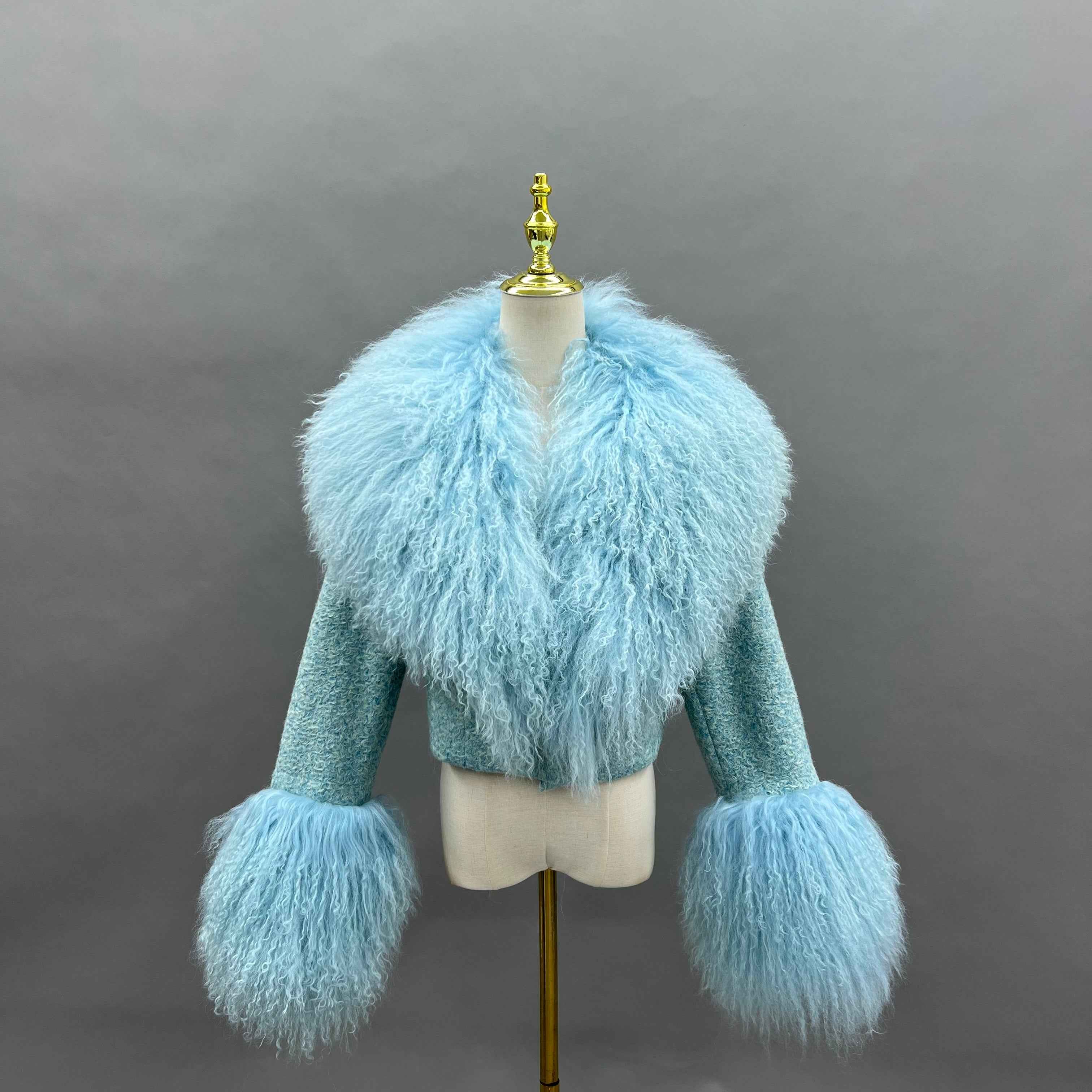 Cashmere Short Coat with Tibetan Lamb Fur Collar and Cuffs