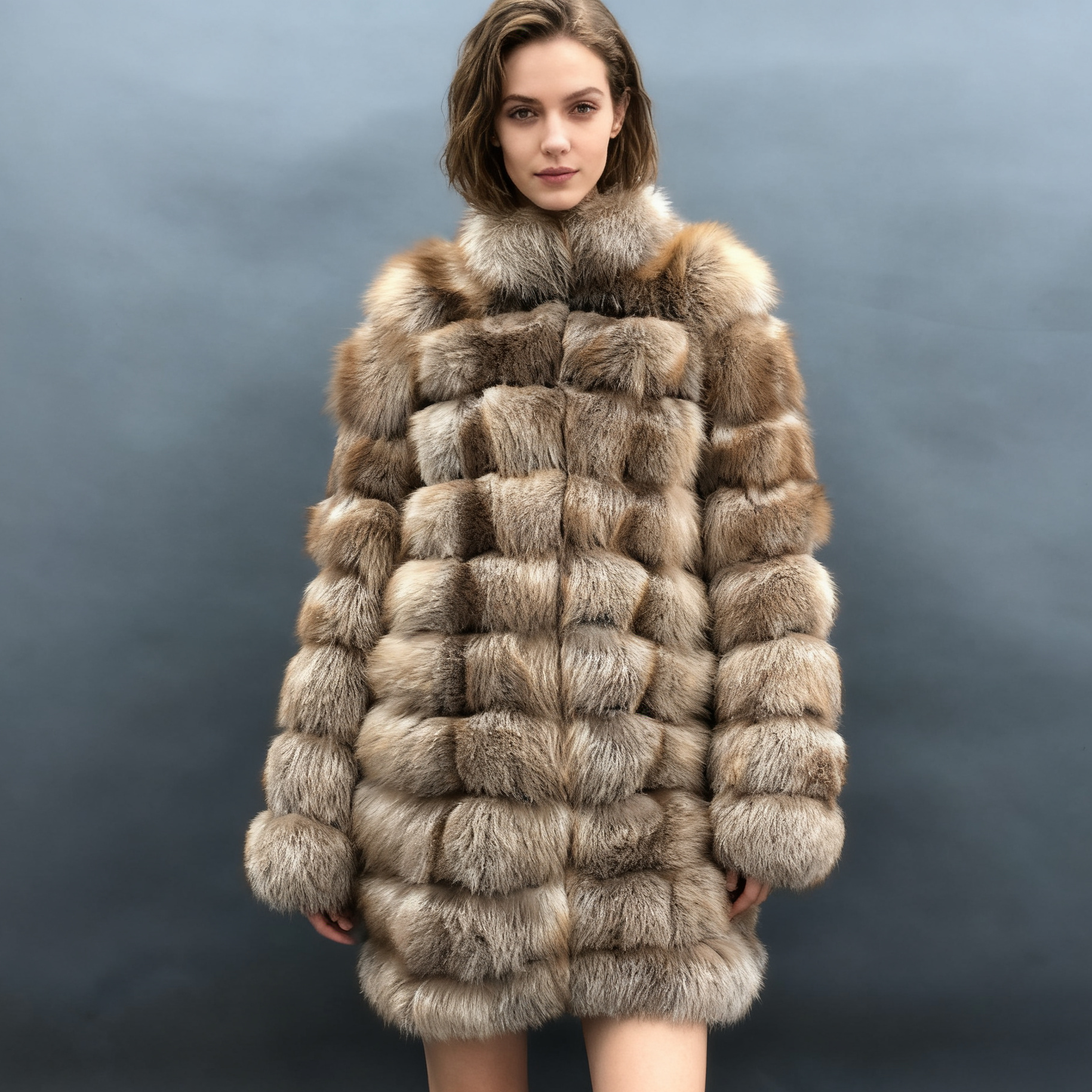 Vintage 10 - Panel Horizontal Stripe Stand Collar Fox Fur Coat - Winter Warm Outerwear