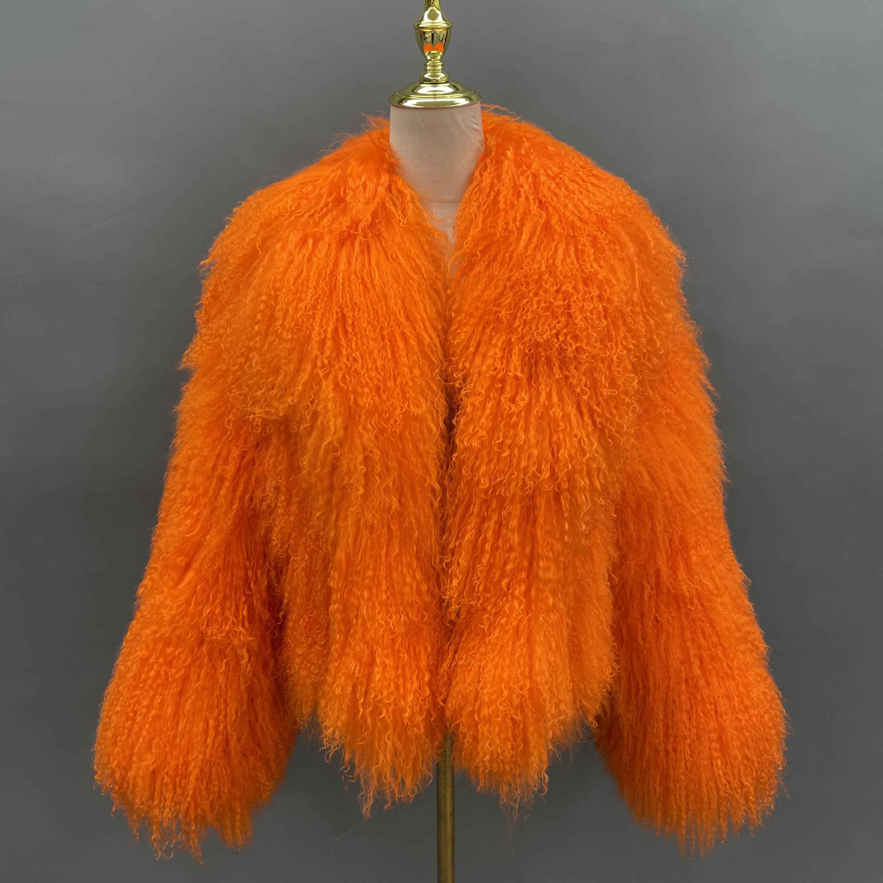 Women's Short Emerald Green Mongolian Lamb Fur Jacket – Notch Lapel, Curly Hair, Stylish Winter Outerwear for Women 1#Orange