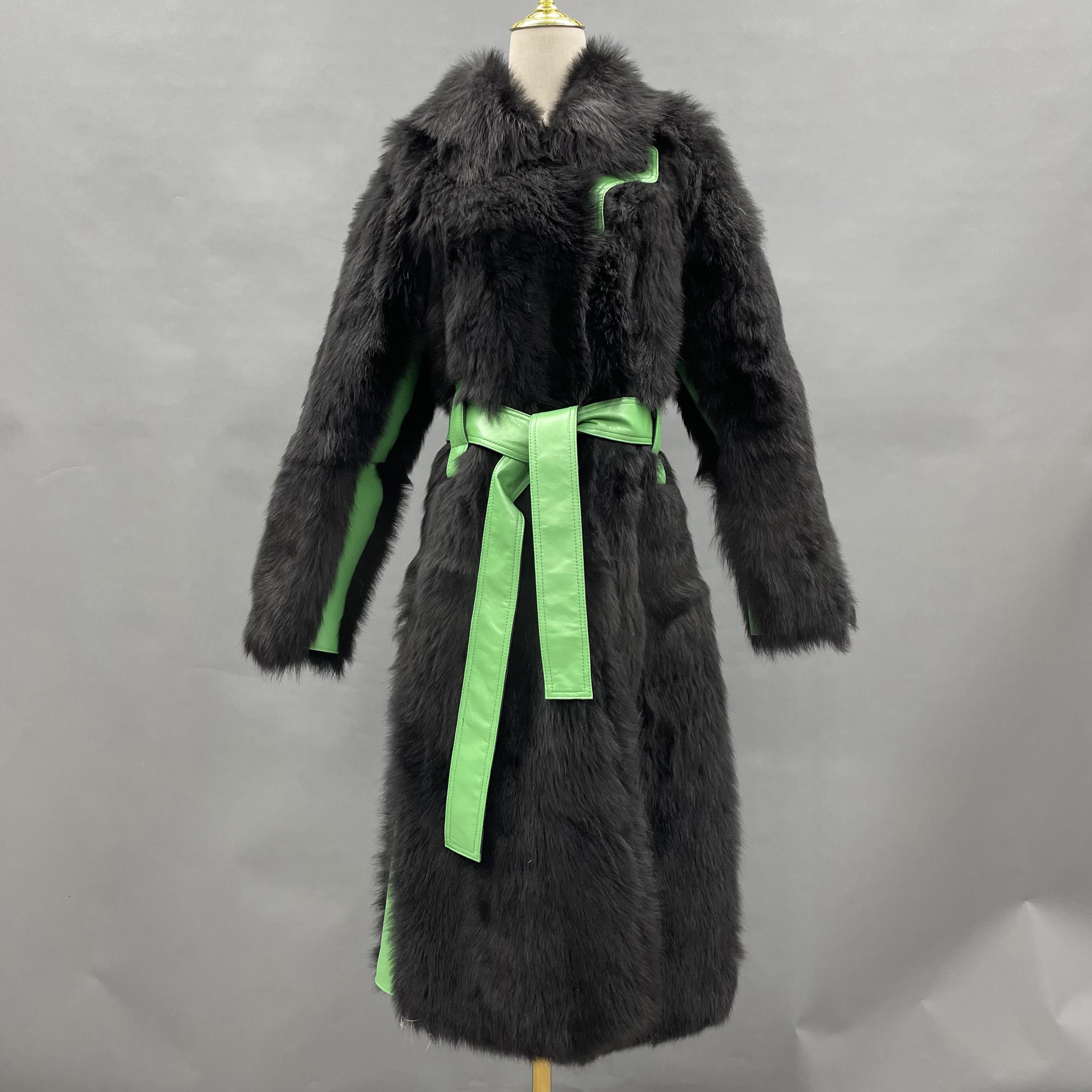 Women's Black Shearling Long Coat with Lime Green Leather Accents & Belted Waist - Luxe Winter Outerwear