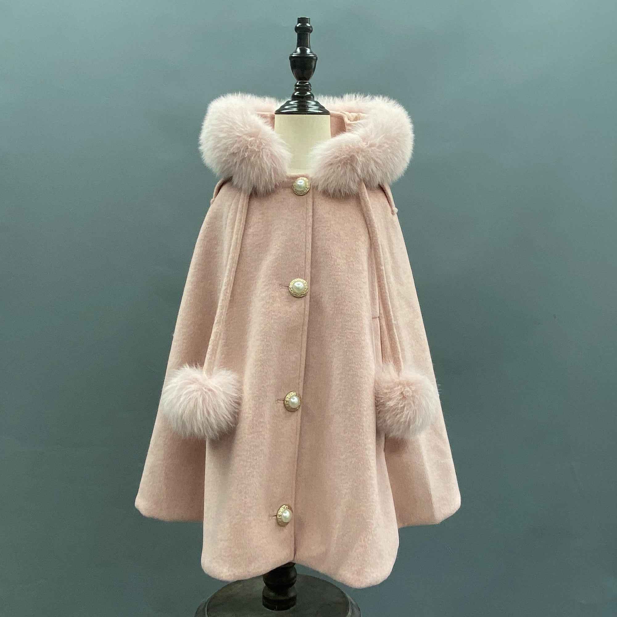 Kids fox fur trimmed pompom hooded cape