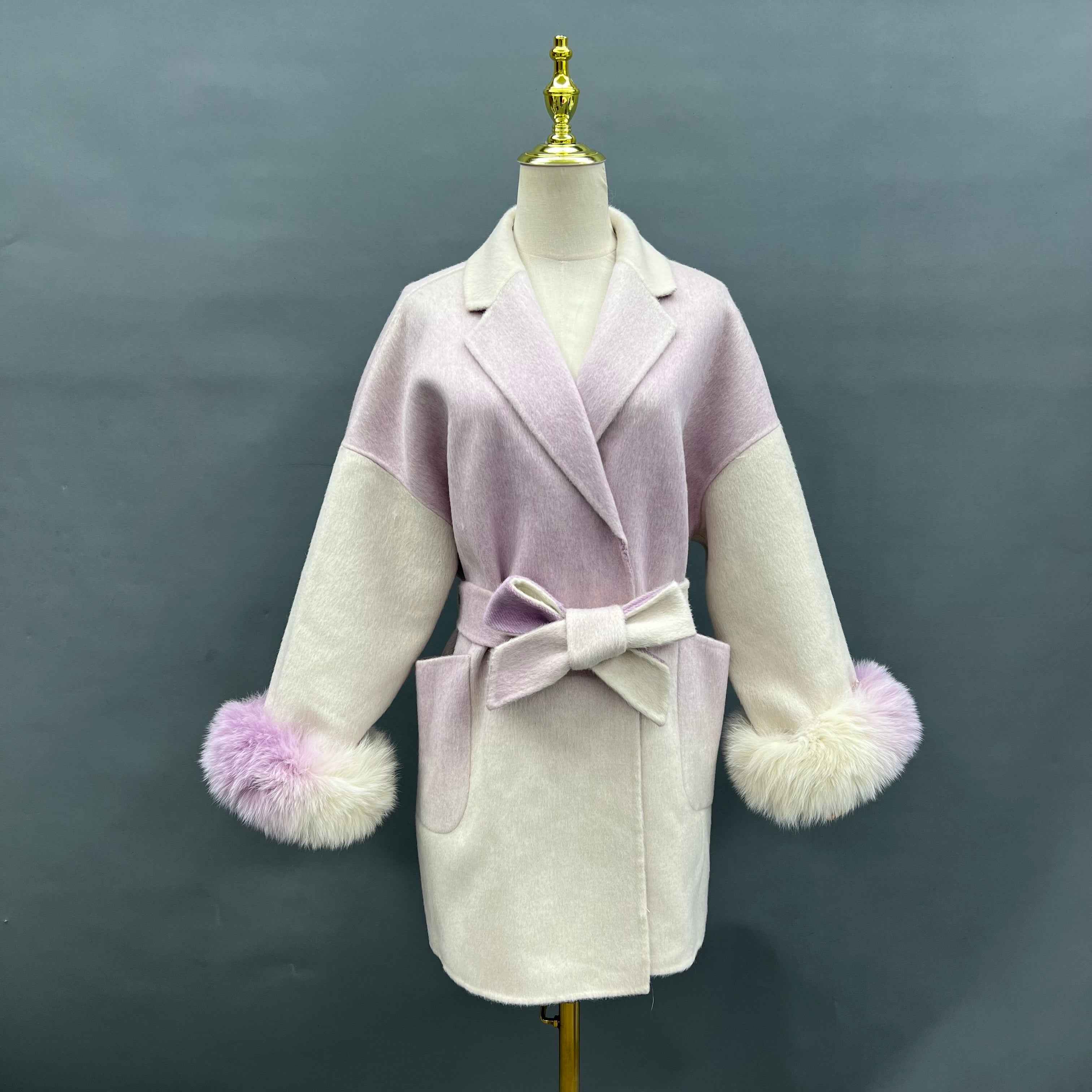 Gradient Color Double Faced Wool Cashmere Coat with Fur Cuffs - Tie Waist Winter Outerwear