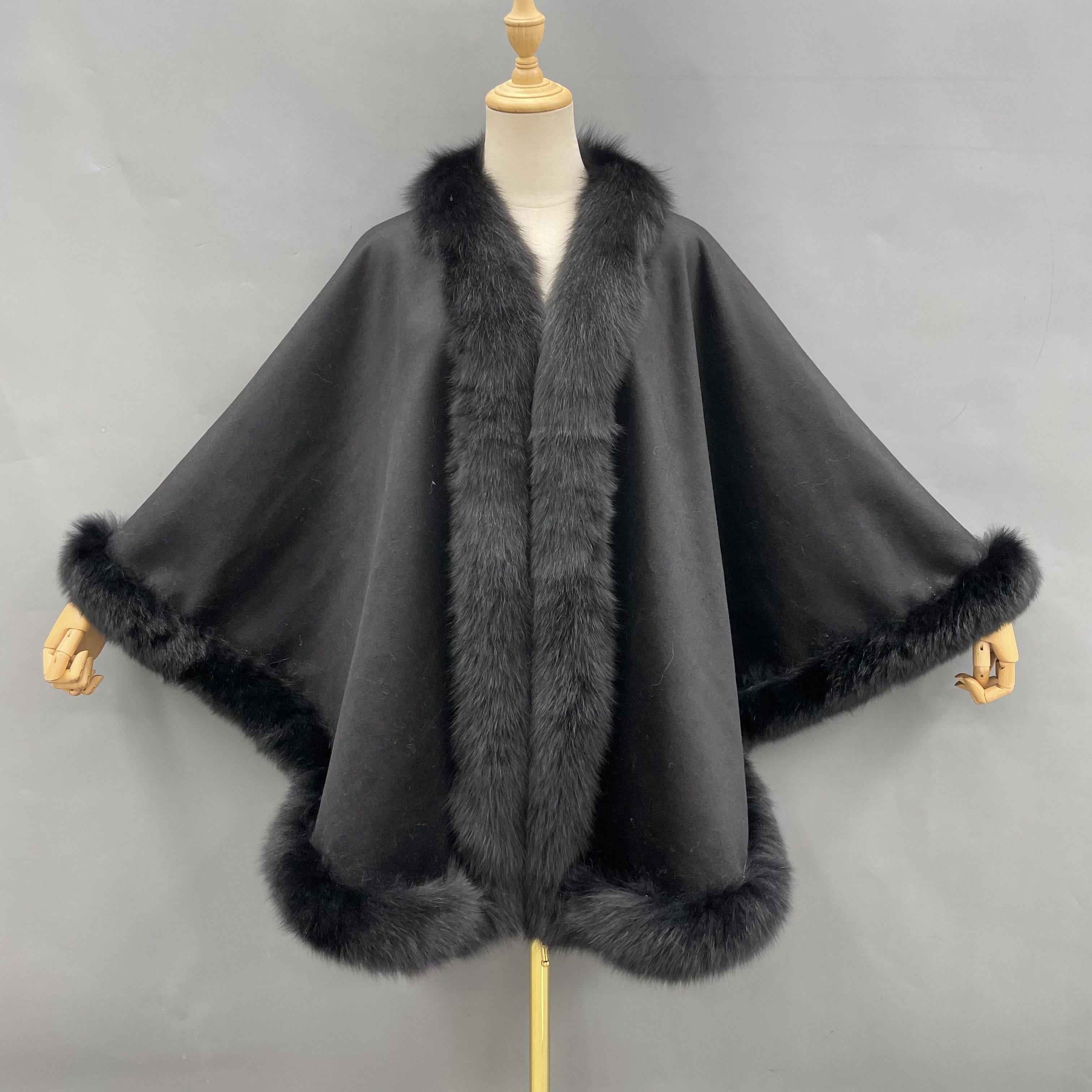 Women's Luxurious Cashmere Cape with Fox Fur Trim - Winter Fashion Outerwear