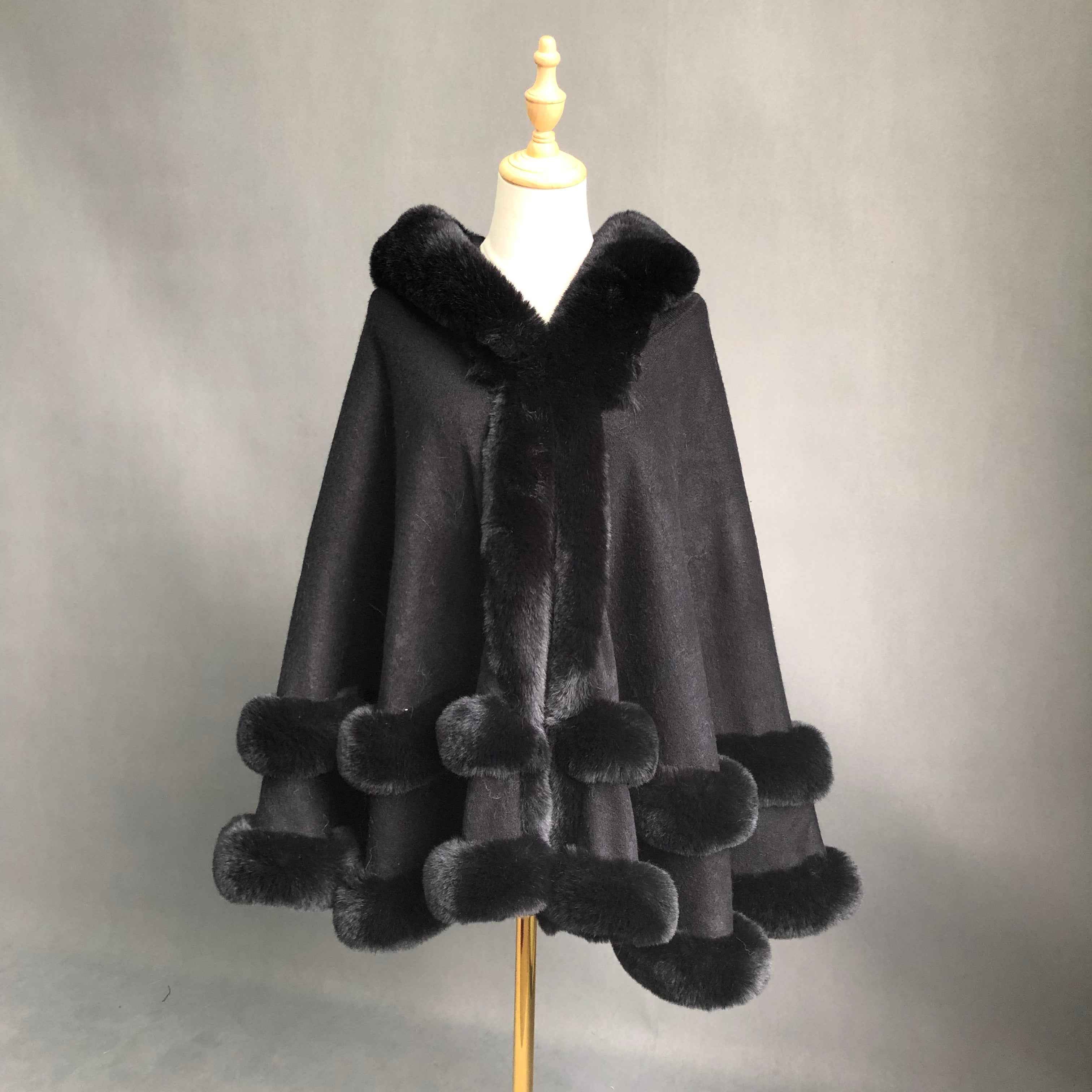 Women's Hooded Faux Fur Trimmed Cape with Pom-Pom Details - Luxurious Winter Outerwear Black F