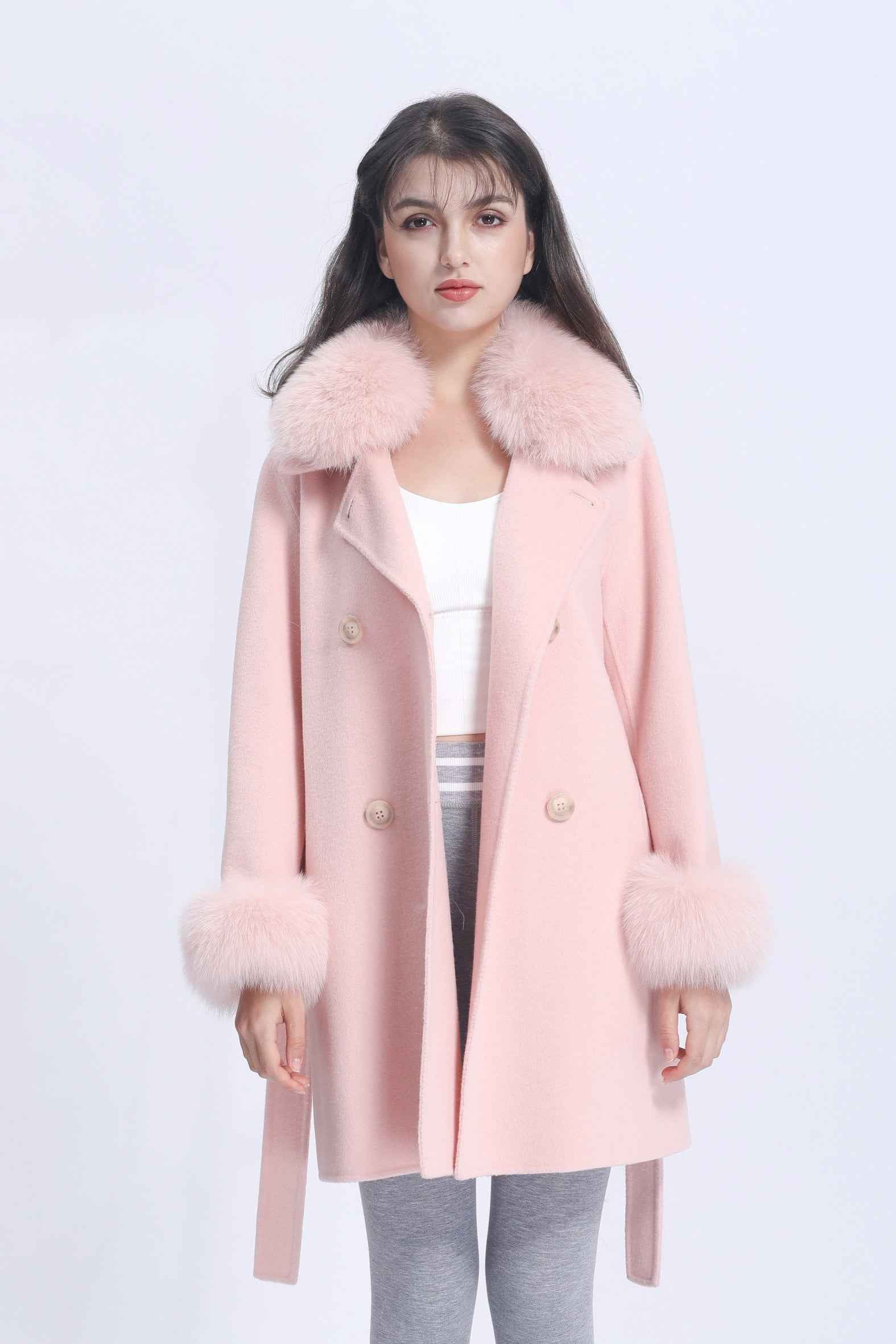 Women's Luxury Double - Faced Wool Coat with Fox Fur Collar & Cuffs, Notched Collar, Double - Breasted, Belted Mid - Length Outerwear