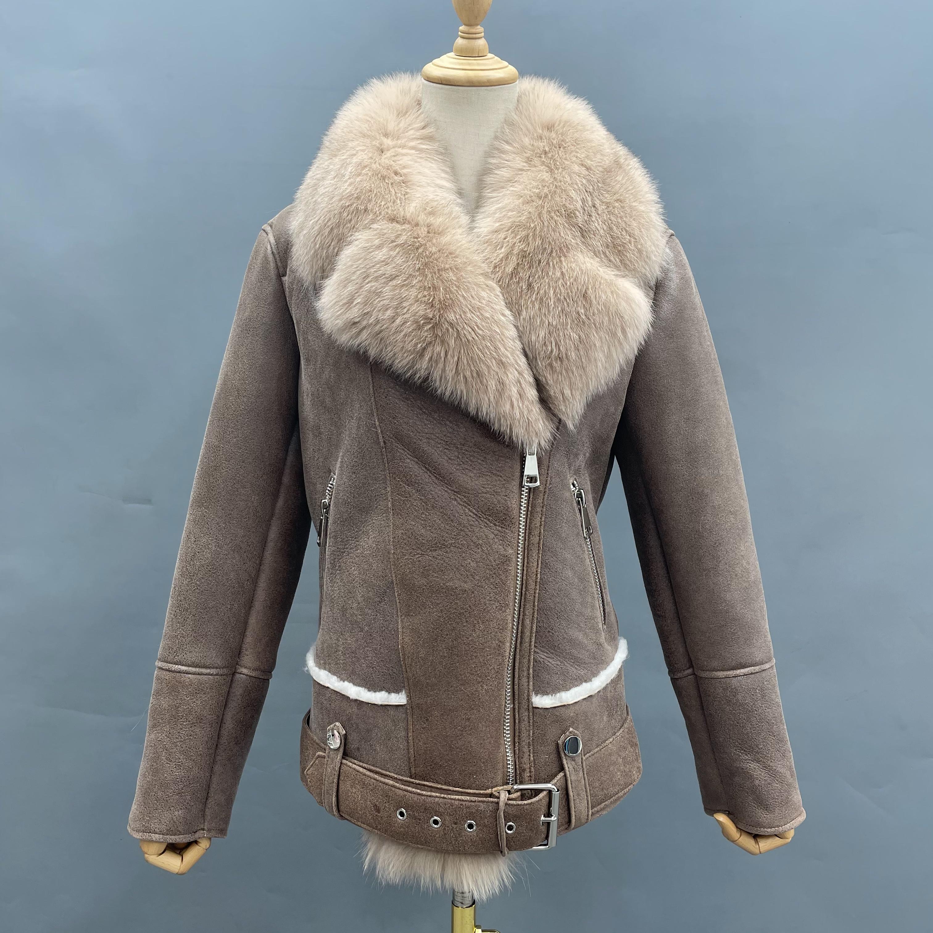 Women's Biker Style Shearling Leather Jacket with Oversized Fox Fur Collar, Belted Waist & Sleeves Without Fur Trim - Luxe Winter Outerwear