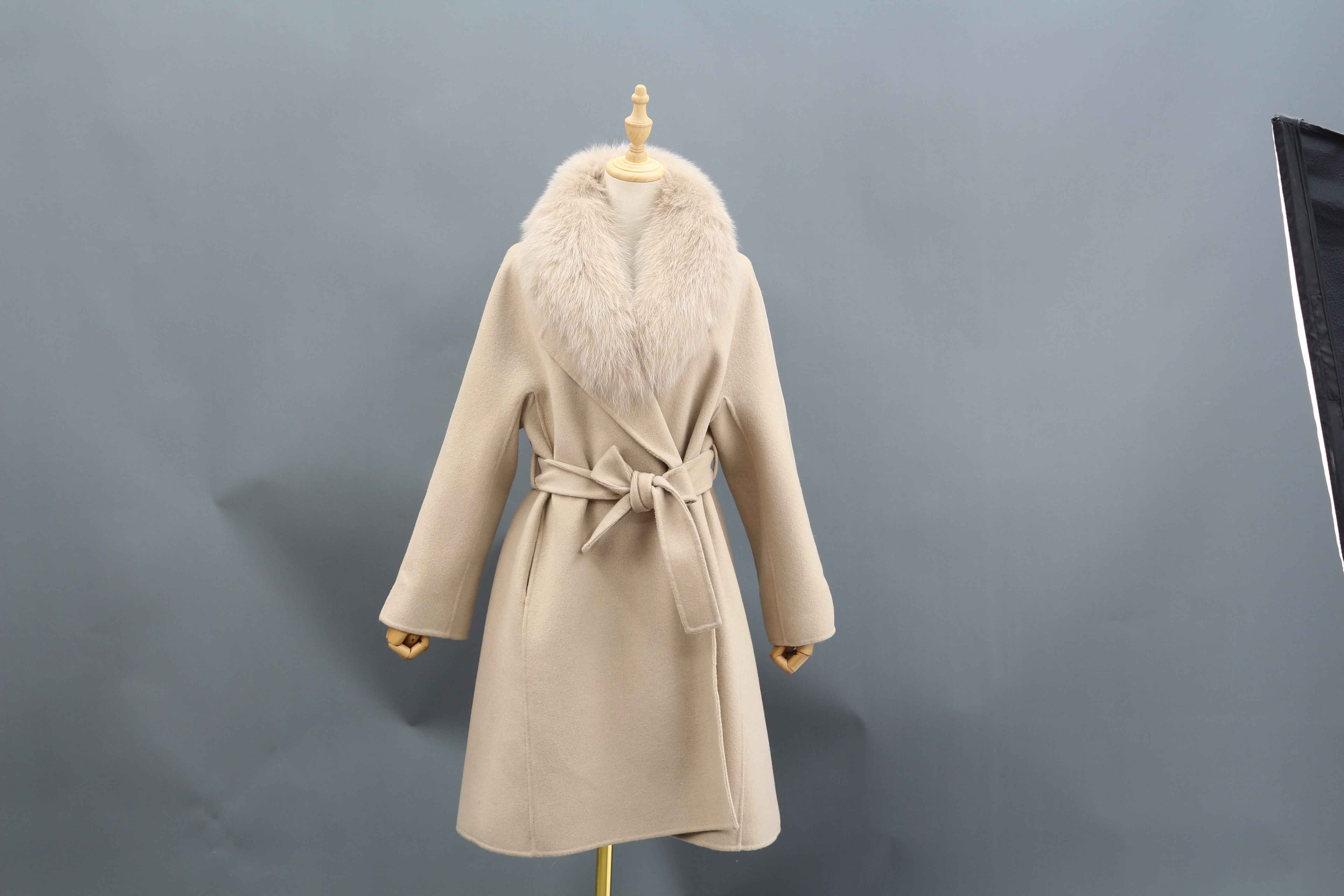 Women's Luxury Double - Faced Cashmere Coat with Fox Fur Collar, Small Flared Hem, Belted Elegant Winter Outerwear