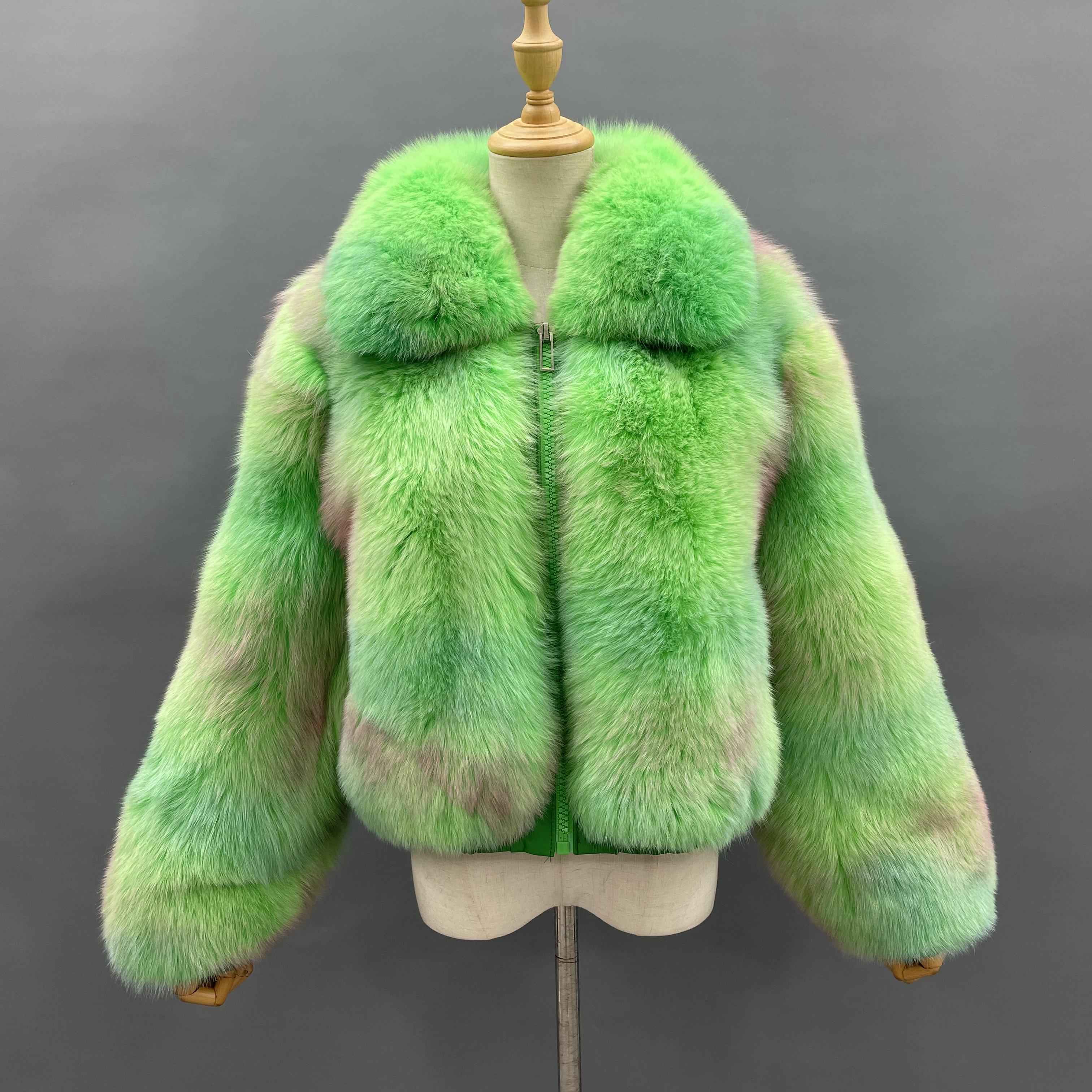 Women’s Green Fox Fur Jacket with Turn-Down Collar – Short Real Fur Coat Featuring Resin Zipper for Luxury Winter Fashion 1#