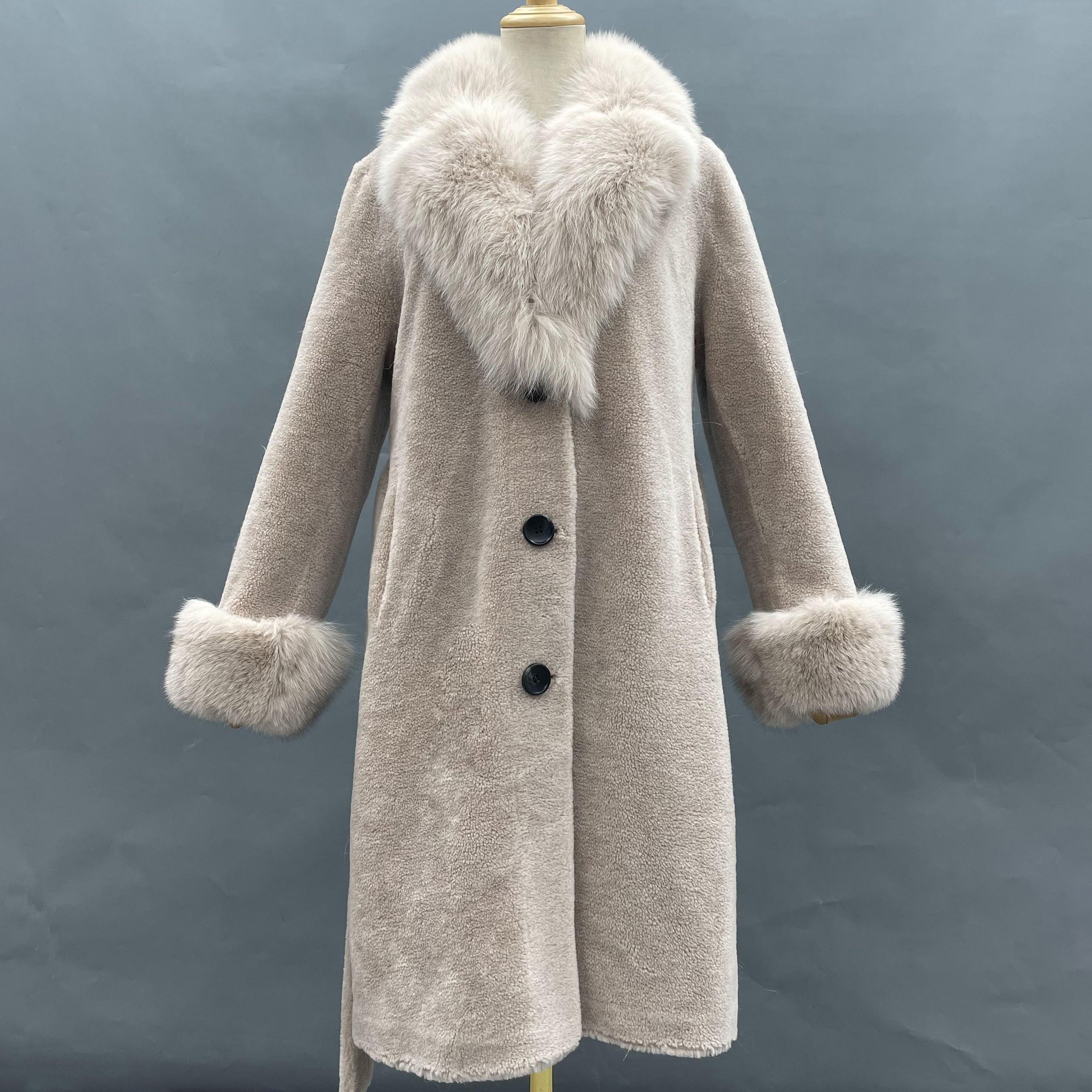 Women's Light Pink Shearling Long Coat with Fox Fur Collar, Cuffs, Notched Lapel & Belted Waist - Luxurious Winter Outerwear