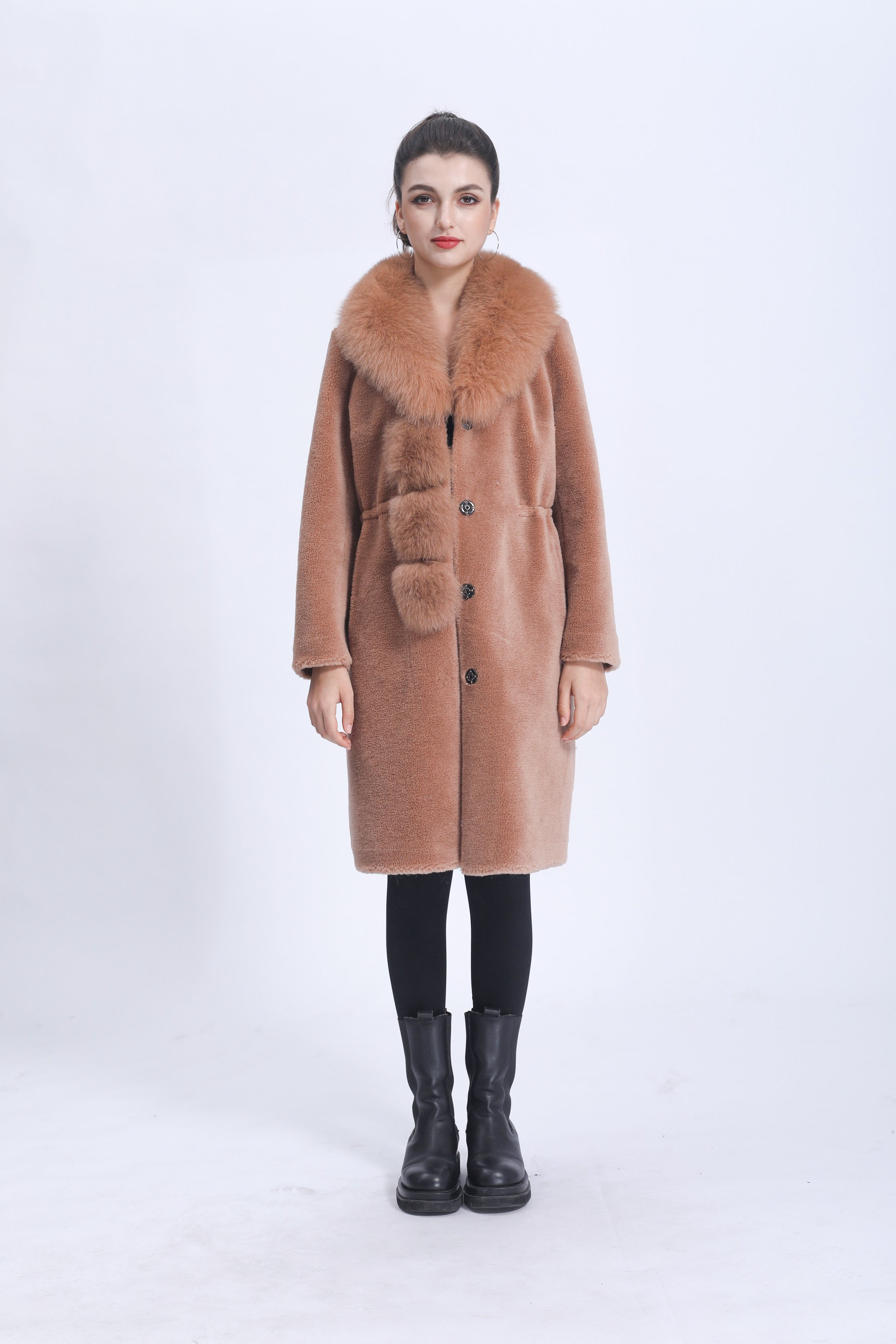 Women's Camel Shearling Long Coat with Shawl Collar, Fox Fur Trim & Waist-Tie Detail - Luxurious Winter Outerwear