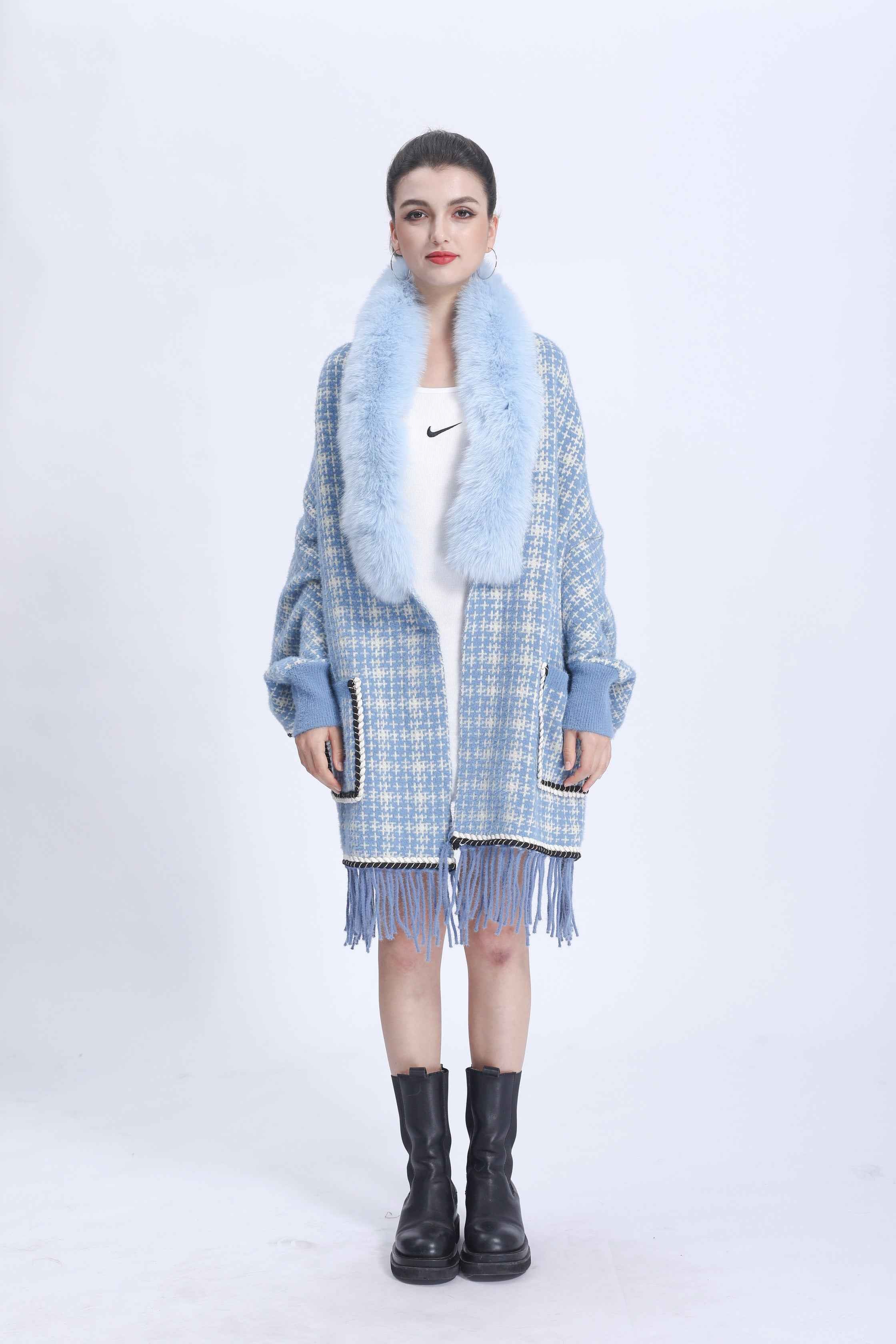 Women's Luxurious Chanel-Style Tweed Check Shawl Cardigan with Fox Fur Collar, Ribbed Cuffs & Fringe Detail - Winter Fashion Outerwear