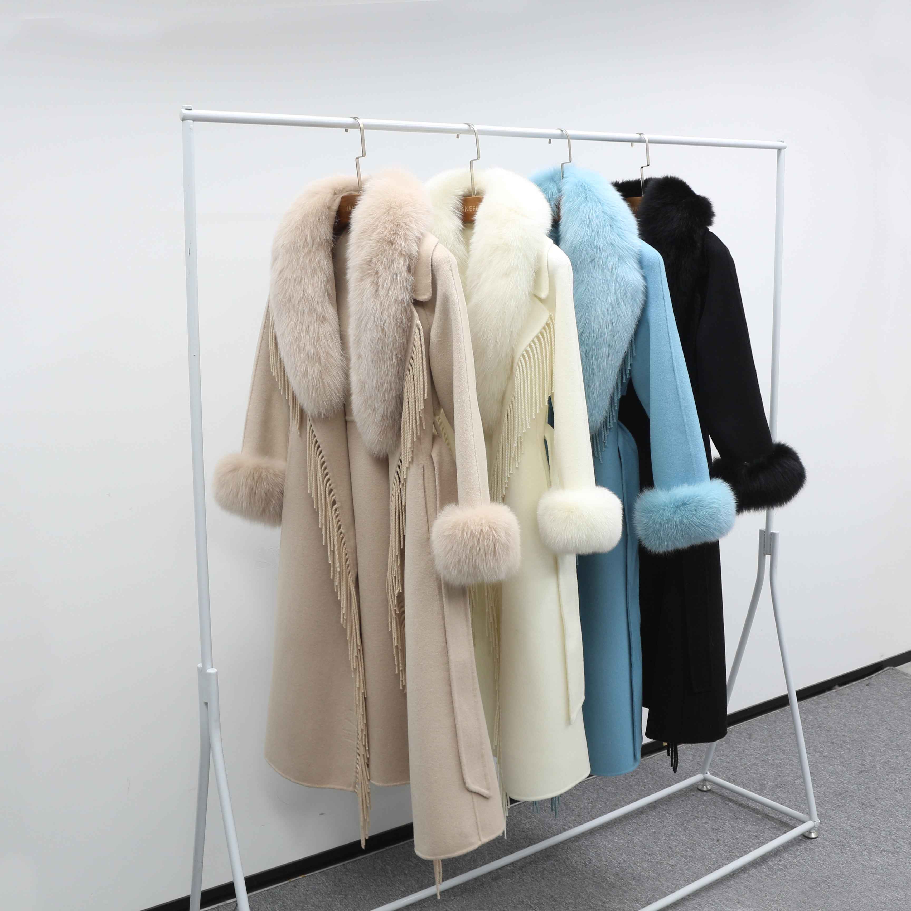 Women's Luxury Double - Faced Wool Coat with Fringe Detailing, Fox Fur Collar and Cuffs, Belted Elegant Winter Outerwear