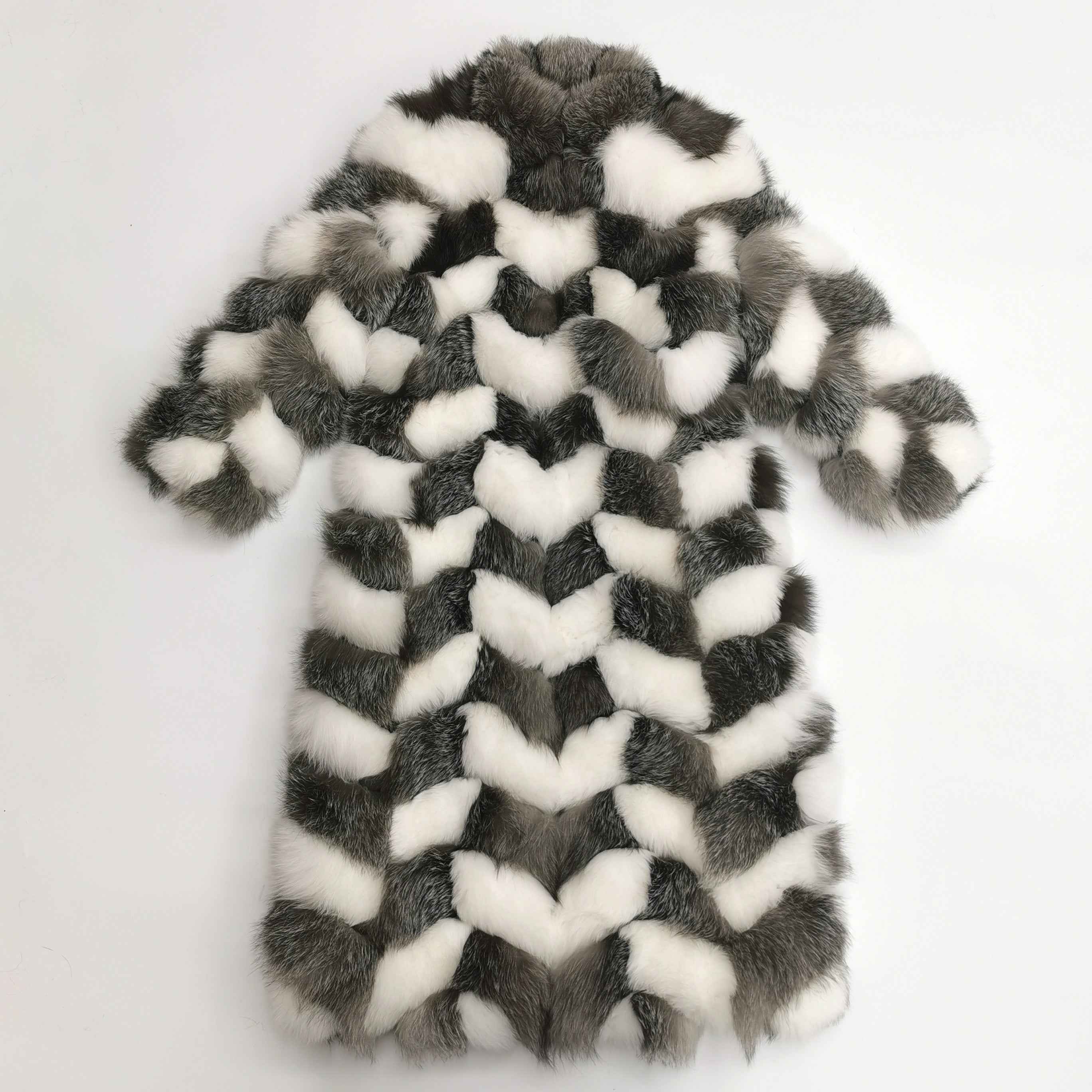Geometric Fox Fur Checkered Coat - High-End Color Block Winter Fashion