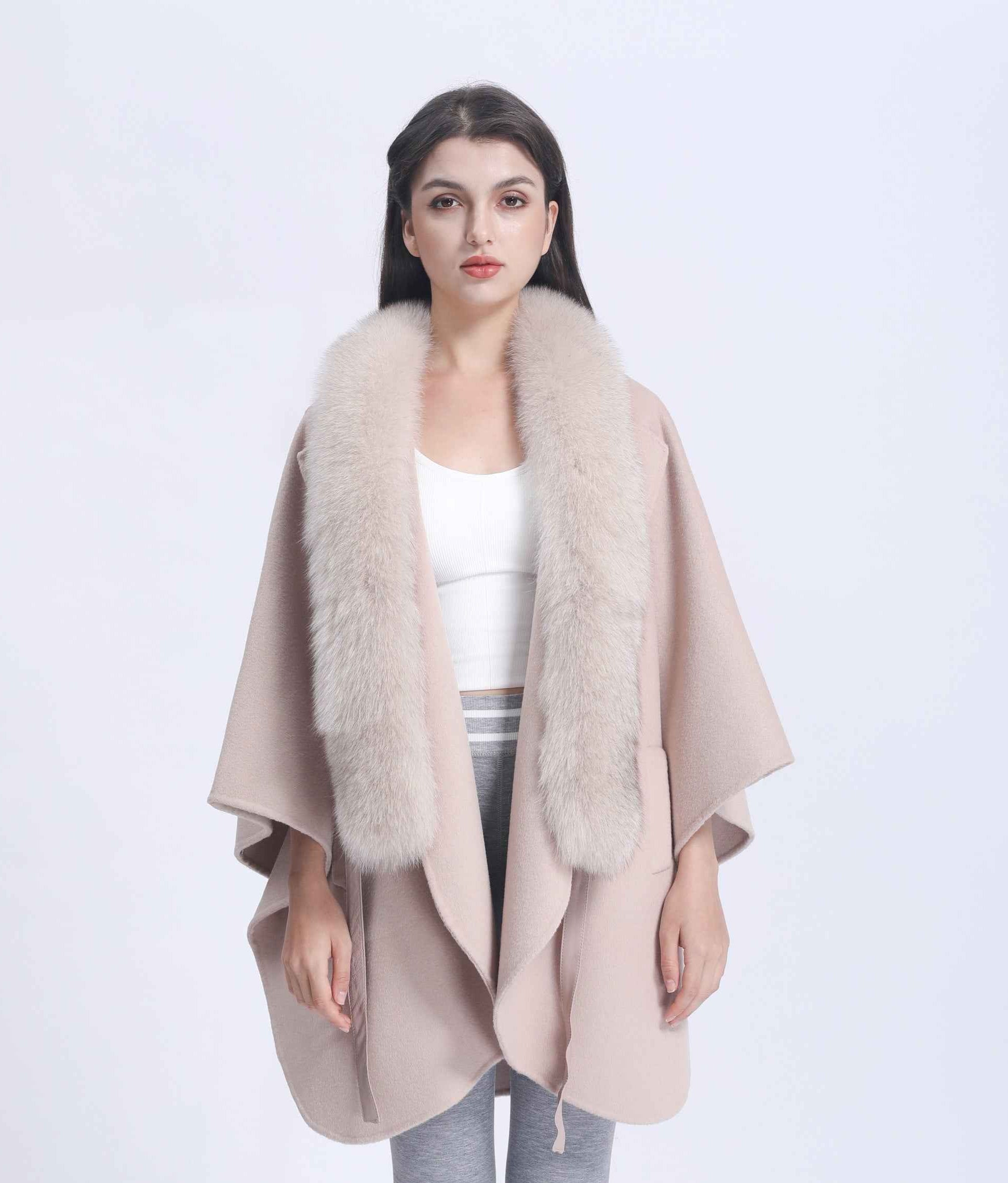 Women's Luxury Double - Faced Wool Cape with Fox Fur Collar and Leather Belt, Elegant Winter Outerwear