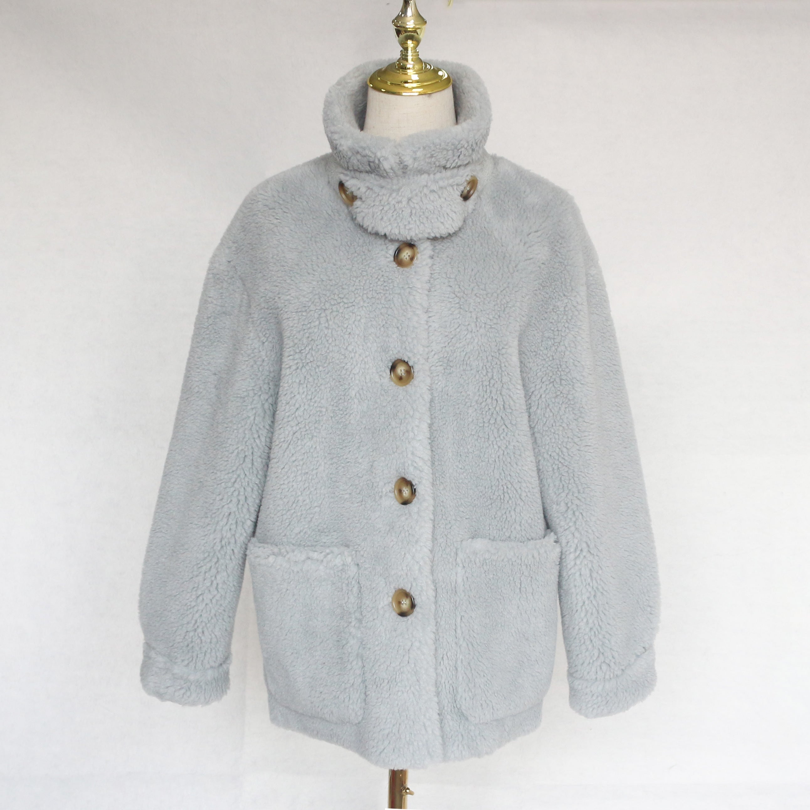 Women's Light Grey Short Sheepskin Shearling Jacket, Casual Stand Collar Button-Front Winter Outerwear