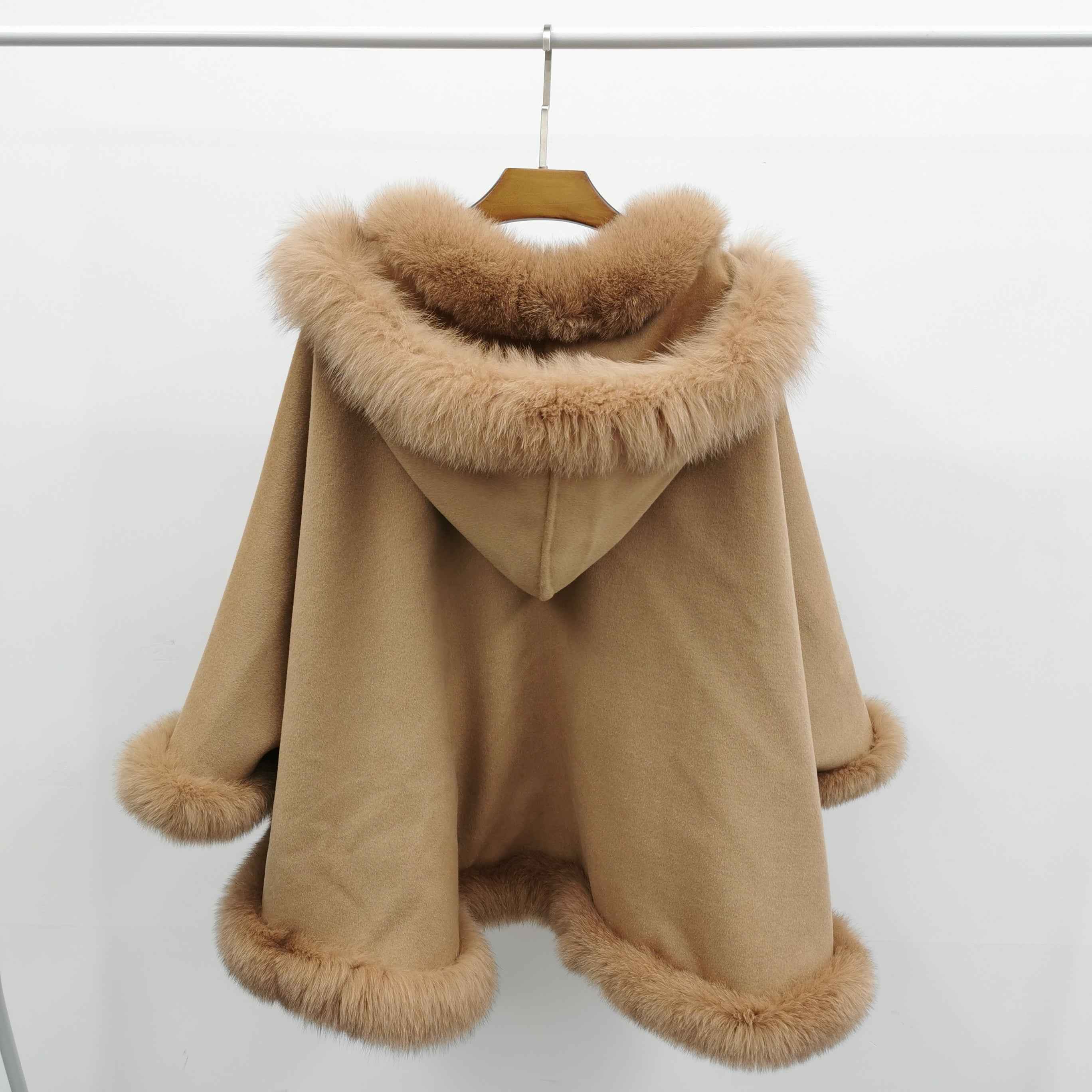 Women's Luxurious Fox Fur Cape with Removable Hood - High-End Winter Outerwear