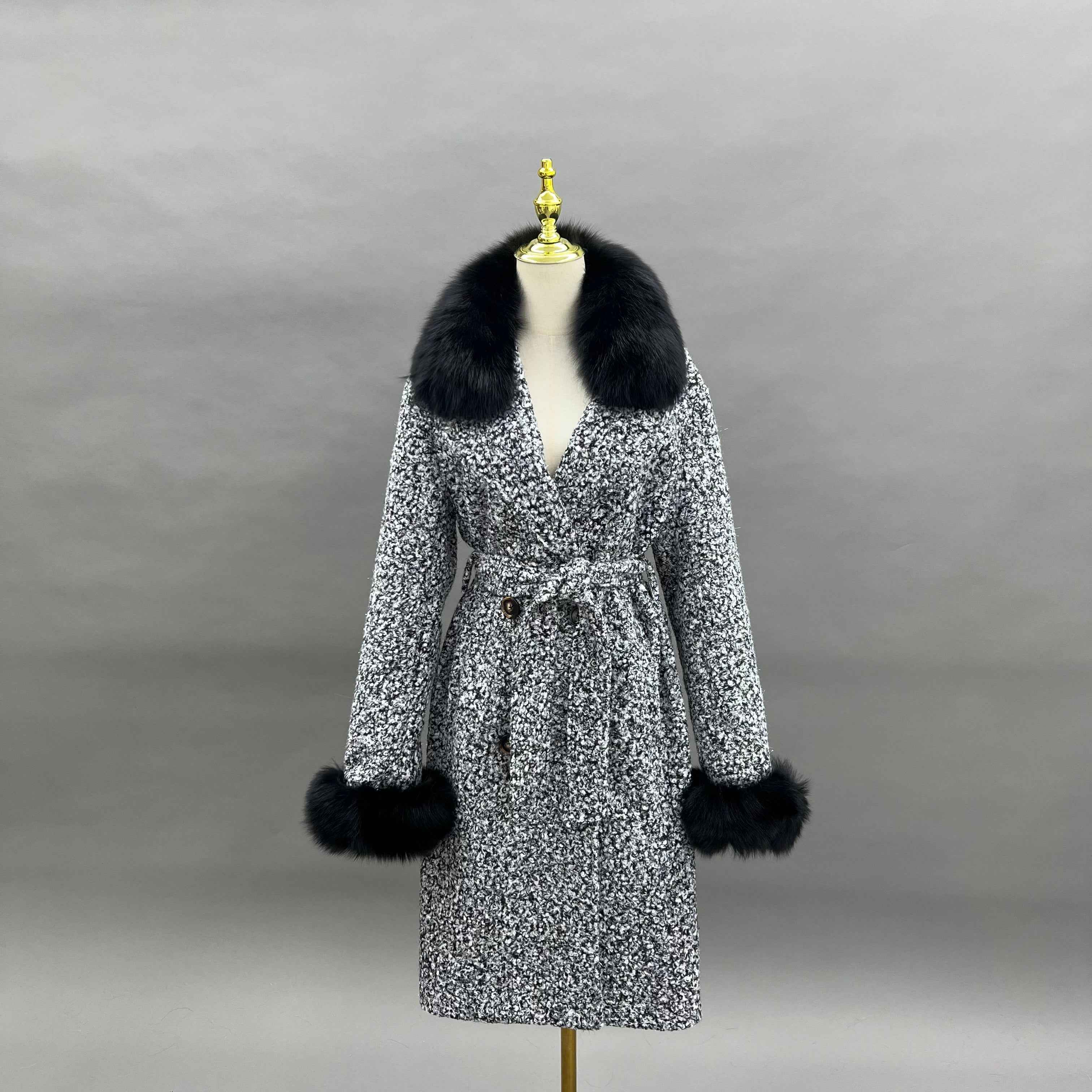 Women's Single - Faced Cashmere Coat with Faux Fur Collar and Cuffs, Belted Winter Outerwear