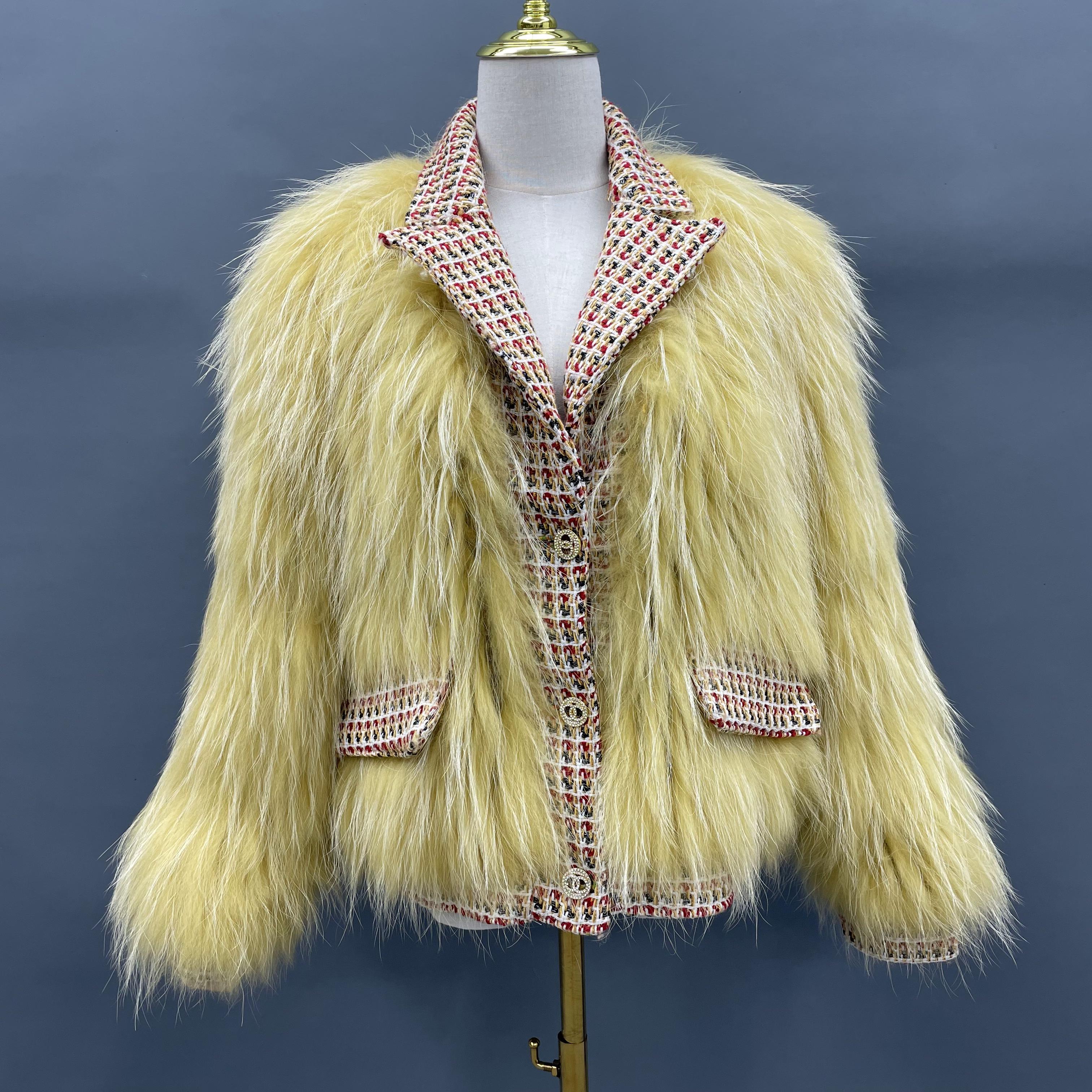 Women's Luxurious Raccoon Dog Fur Jacket with Chanel-Style Tweed & Notched Lapel - Knitted Winter Outerwear