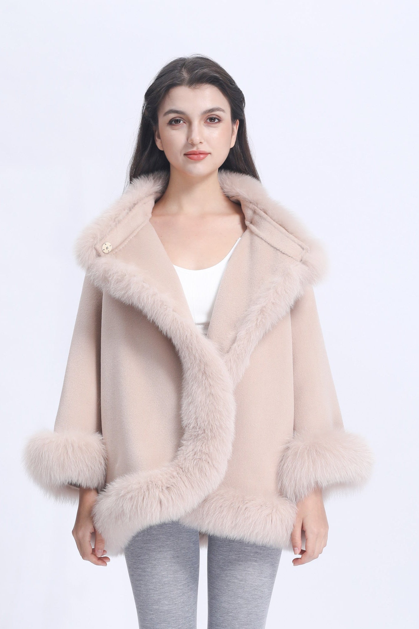 Women's Luxury Double - Faced Wool Cape with Fox Fur Trim