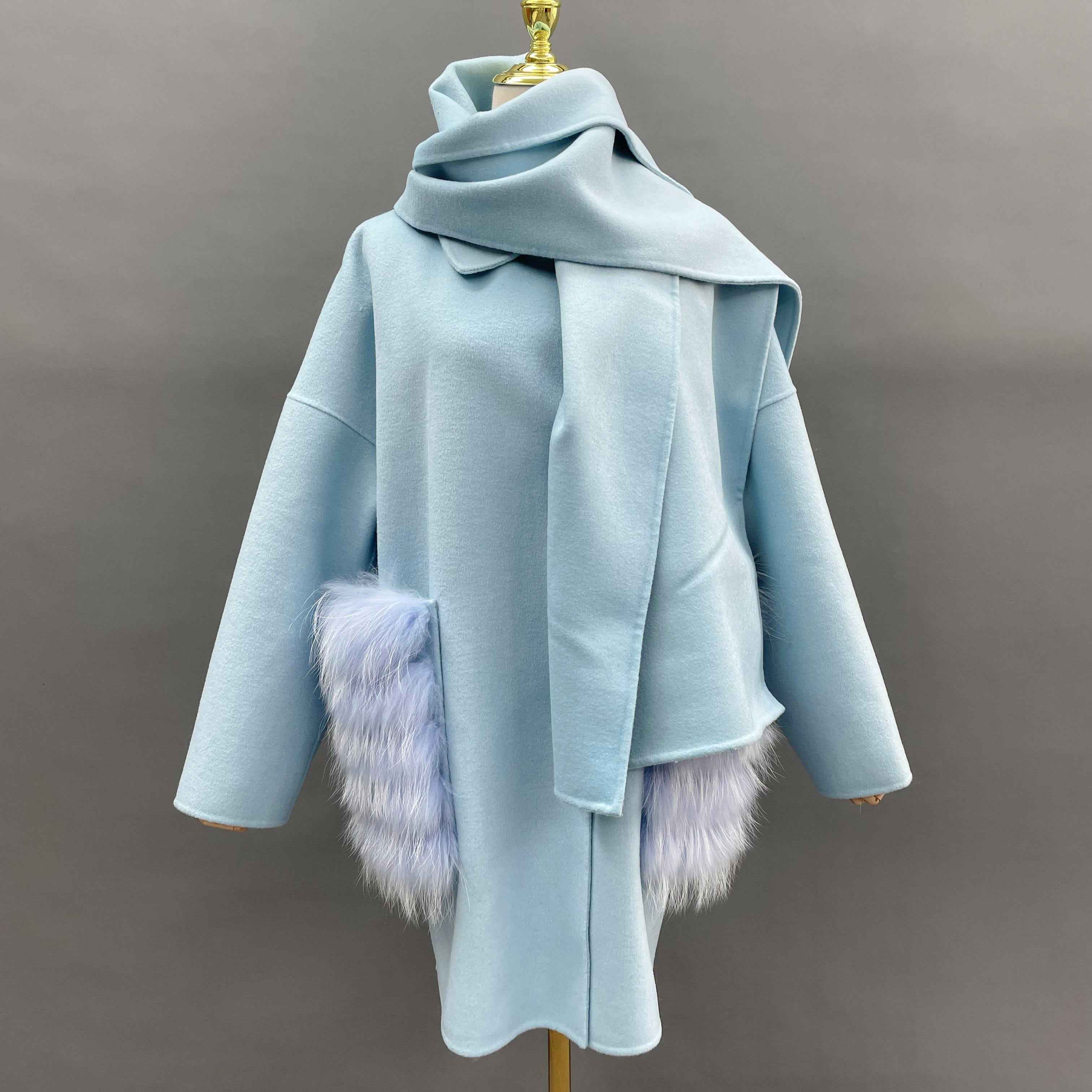 Women's Luxury Double - Faced Wool Coat with Integrated Scarf & Fox Fur Pockets, Relaxed Fit Elegant Winter Outerwear