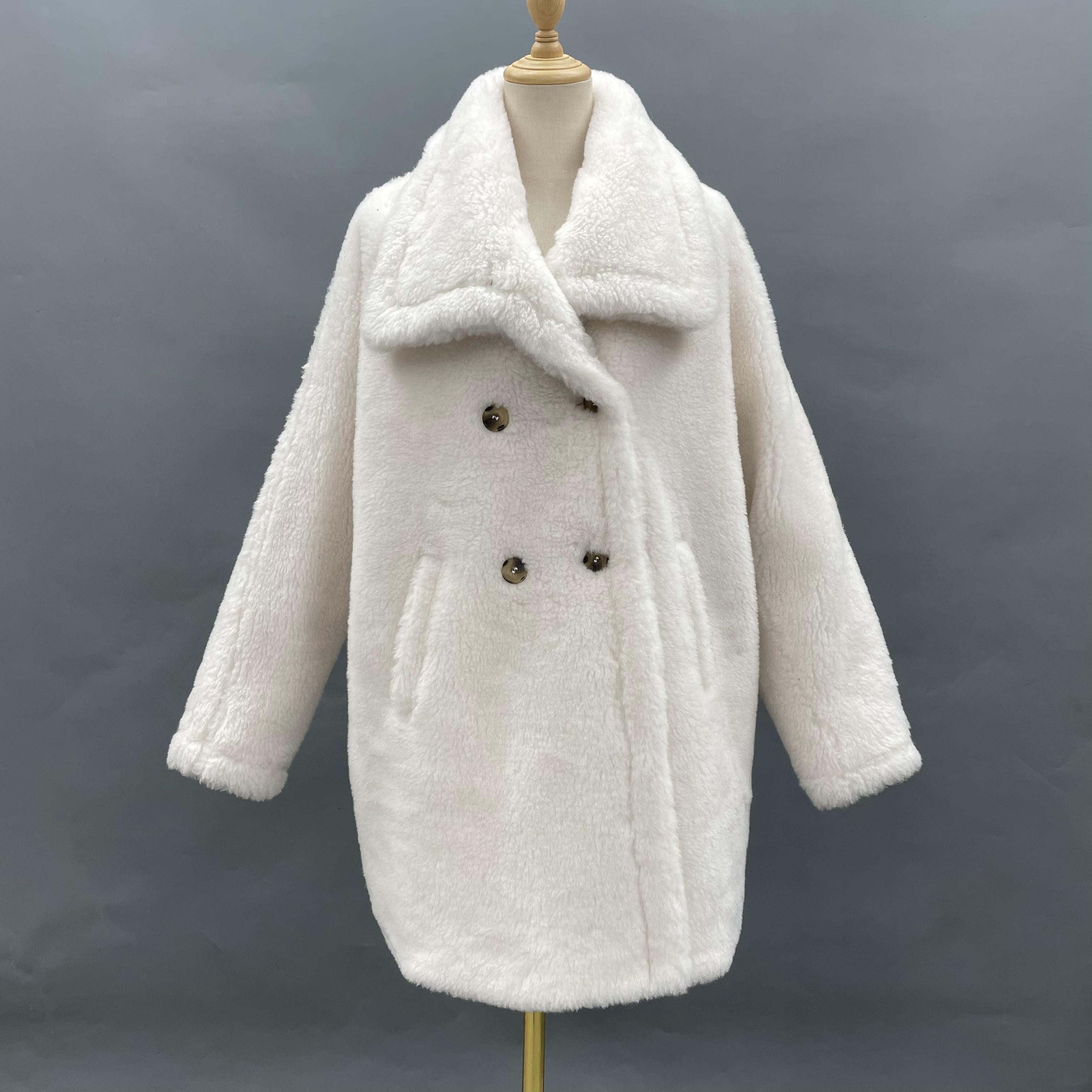 Women's White 100% Wool Shearling Coat with Double-Breasted Notched Lapel - Warm Winter Outerwear
