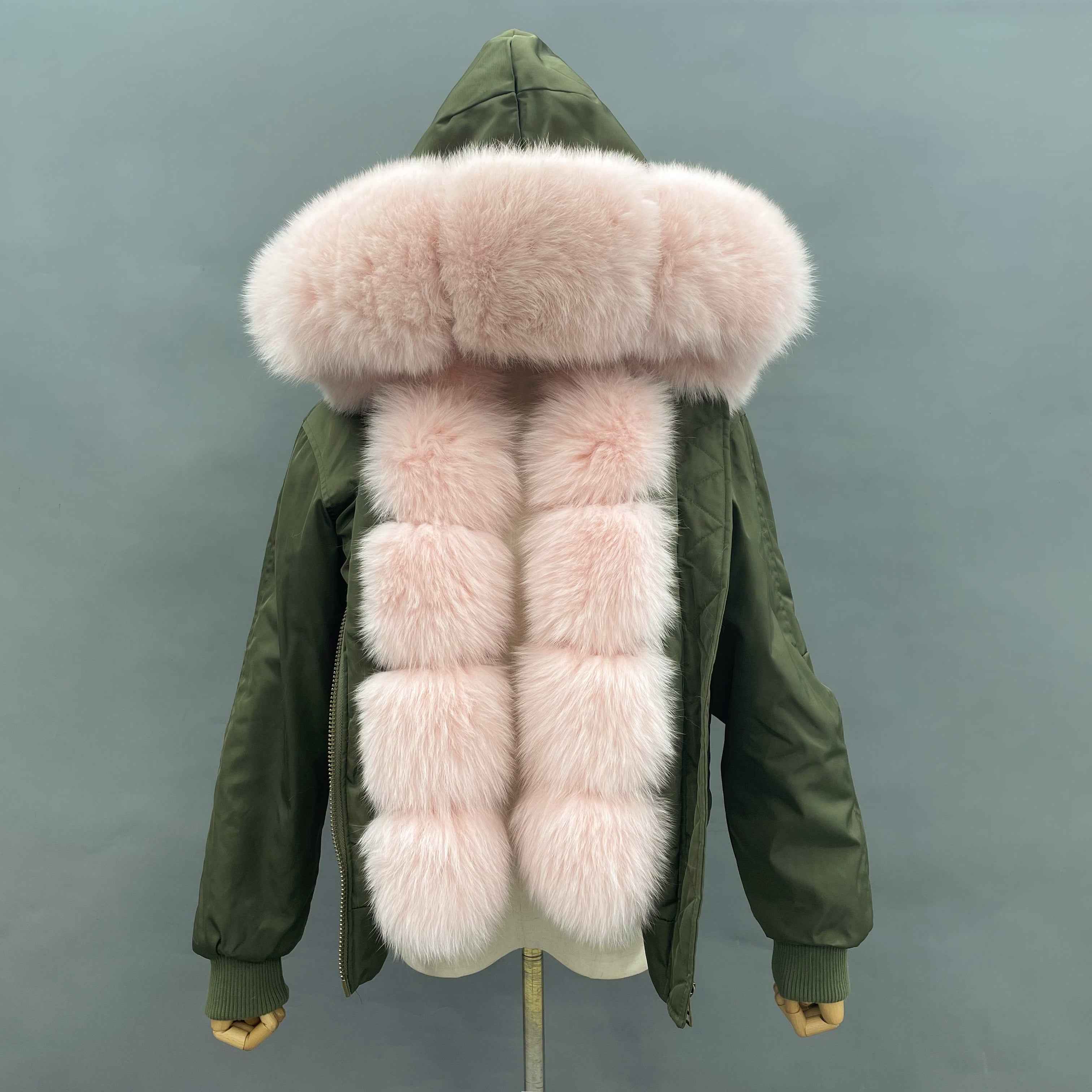Women's Bomber Jacket with Pink Fox Fur Collar & Front Trim – Luxury Aviator Coat, Furry Winter Fashion Statement Piece 3#
