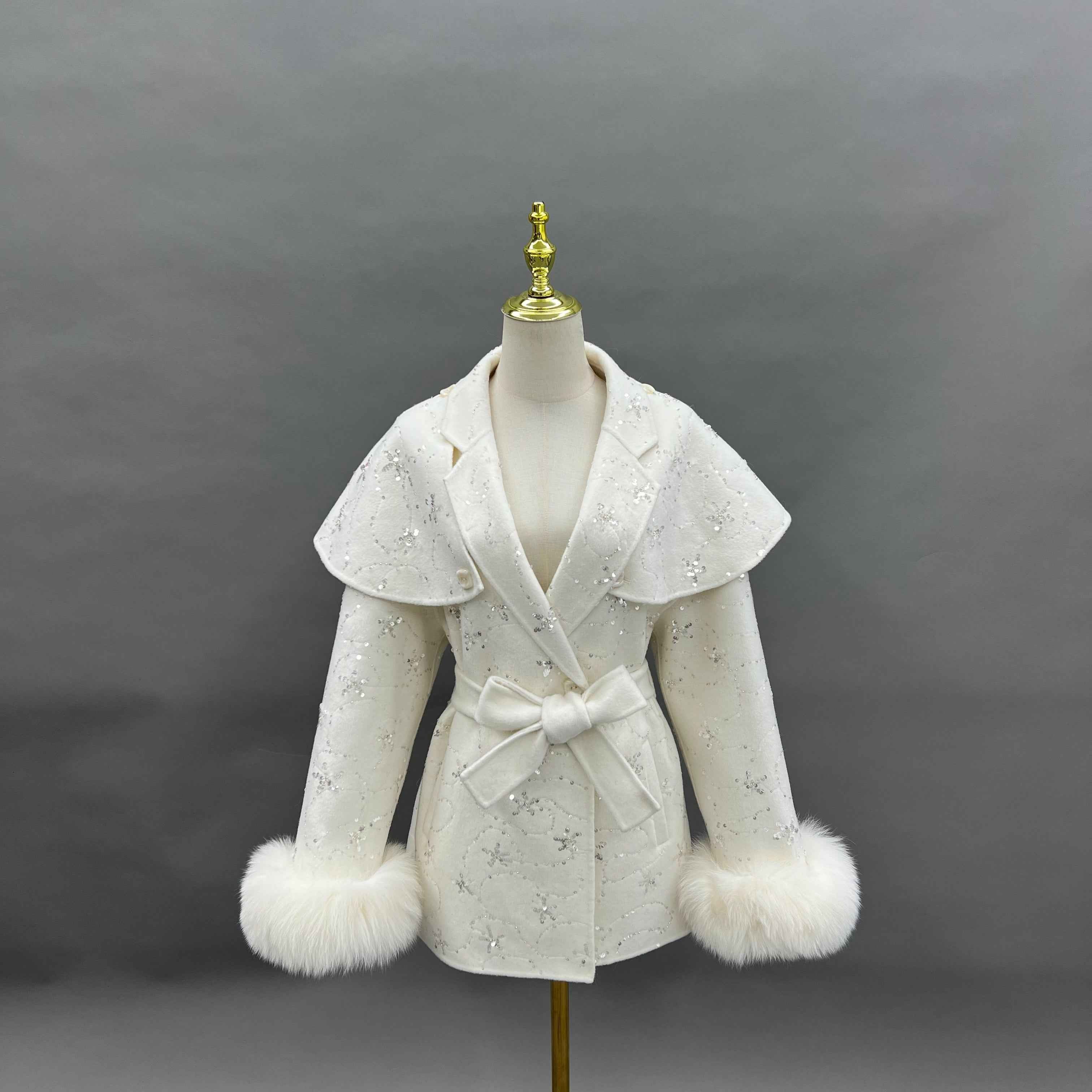 Women's Sequin Embellished Coat with Fox Fur Cuffs, Cape - Like Overlay & Self - Tie Belt, Elegant Winter Outerwear