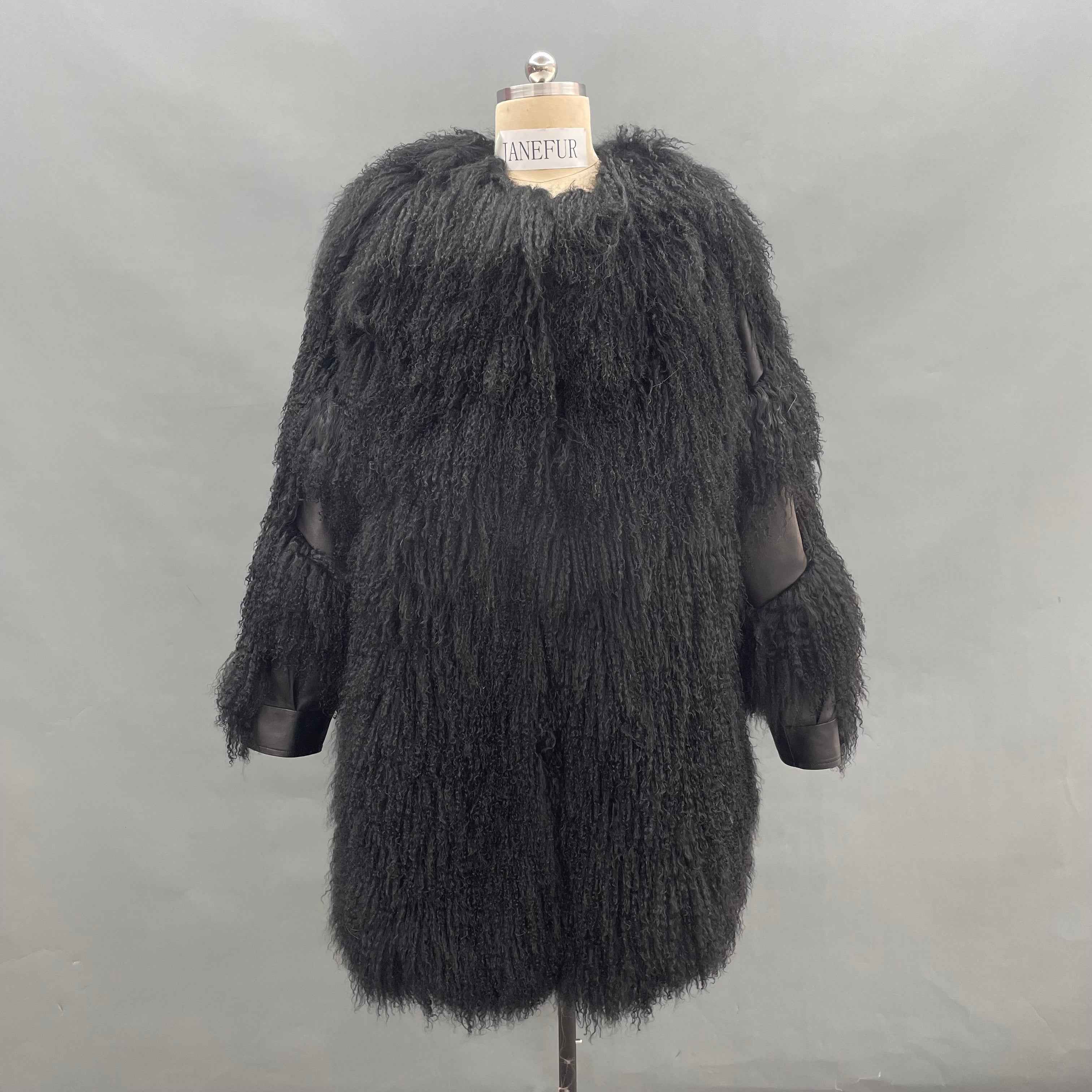 Men's Mid-Length Charcoal Grey Mongolian Lamb Fur Coat – Belted, Curly Hair, Stylish Winter Outerwear for Men